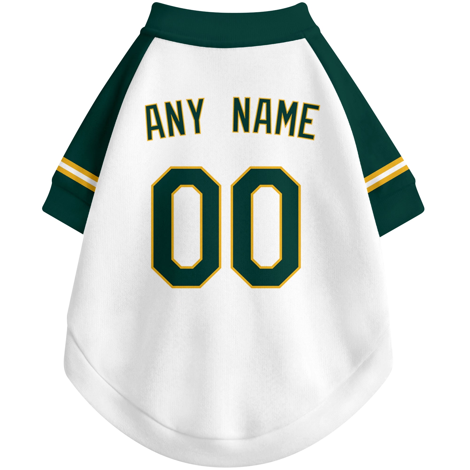 Back view of custom baseball-style dog jersey in White and Green colors with personalized name and number