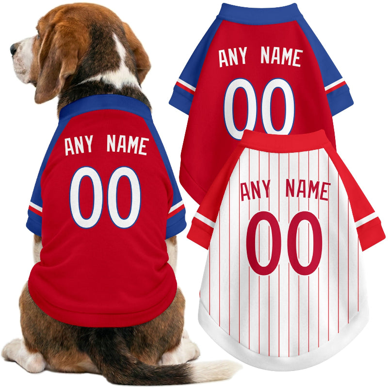 Dog wearing custom baseball-style jersey in Red and White colors with personalized name and number