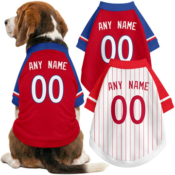 Dog wearing custom baseball-style jersey in Red and White colors with personalized name and number