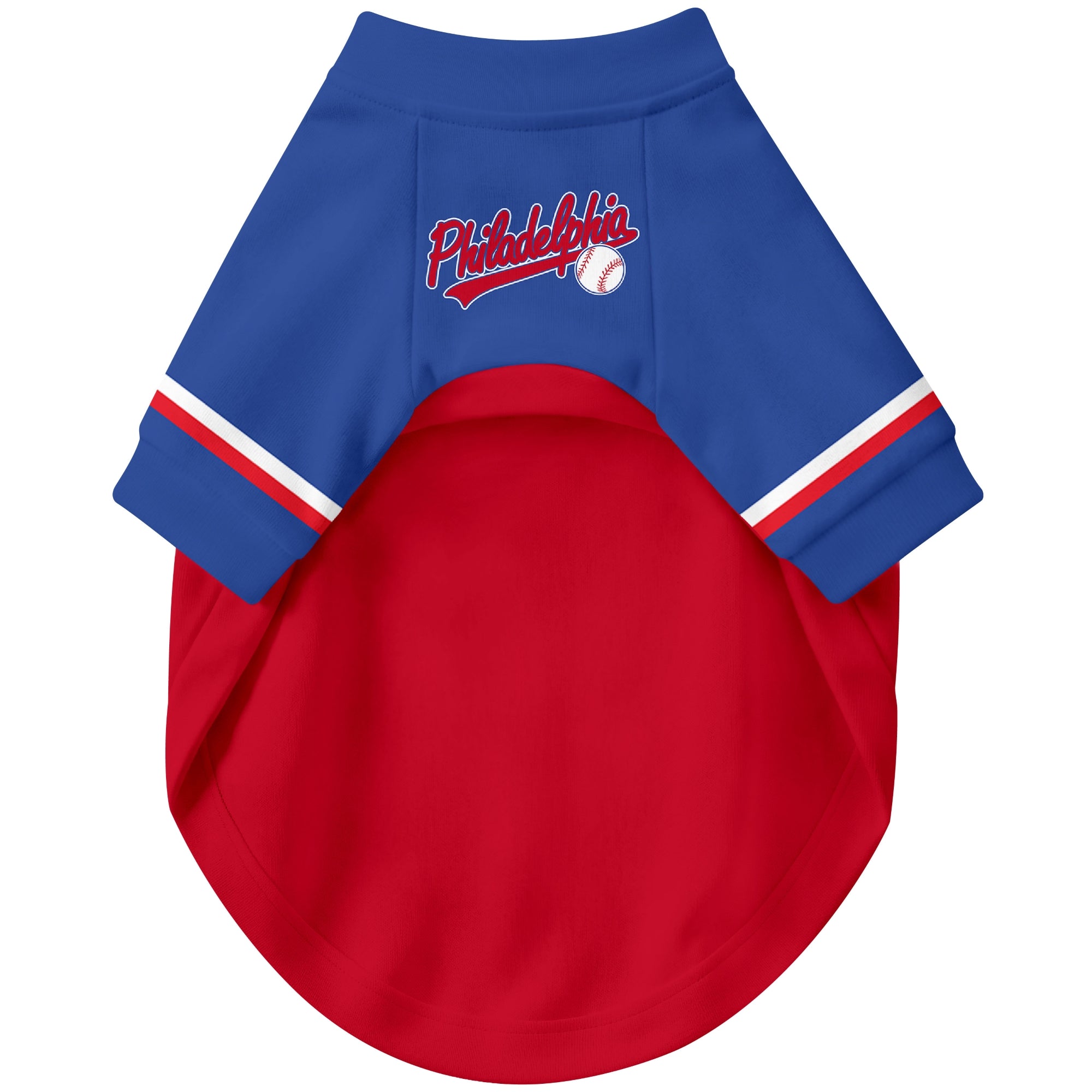 Front view of custom baseball-style dog jersey in Red and White colors