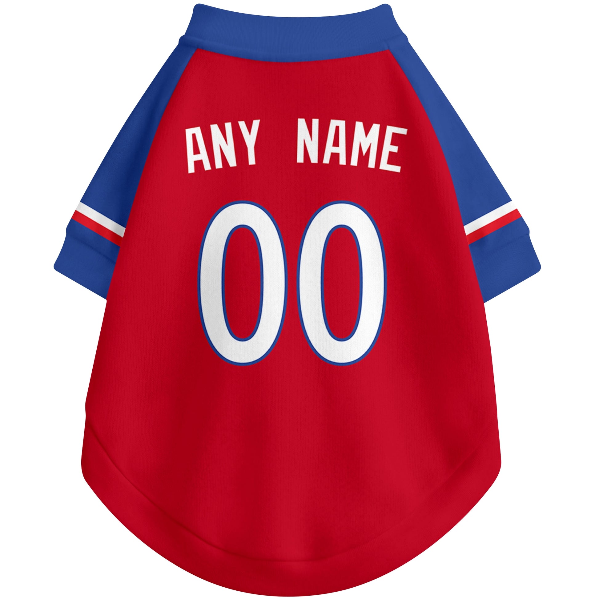 Back view of custom baseball-style dog jersey in Red and White colors with personalized name and number
