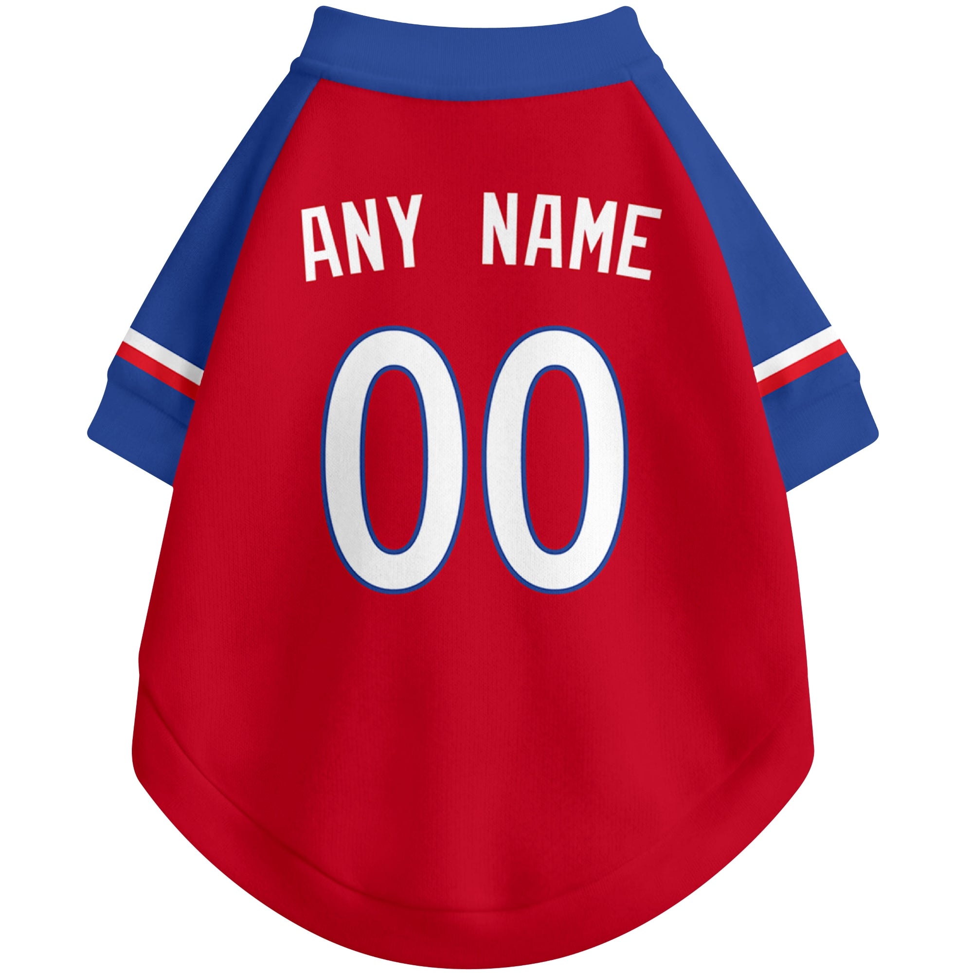 Back view of custom baseball-style dog jersey in Red and White colors with personalized name and number