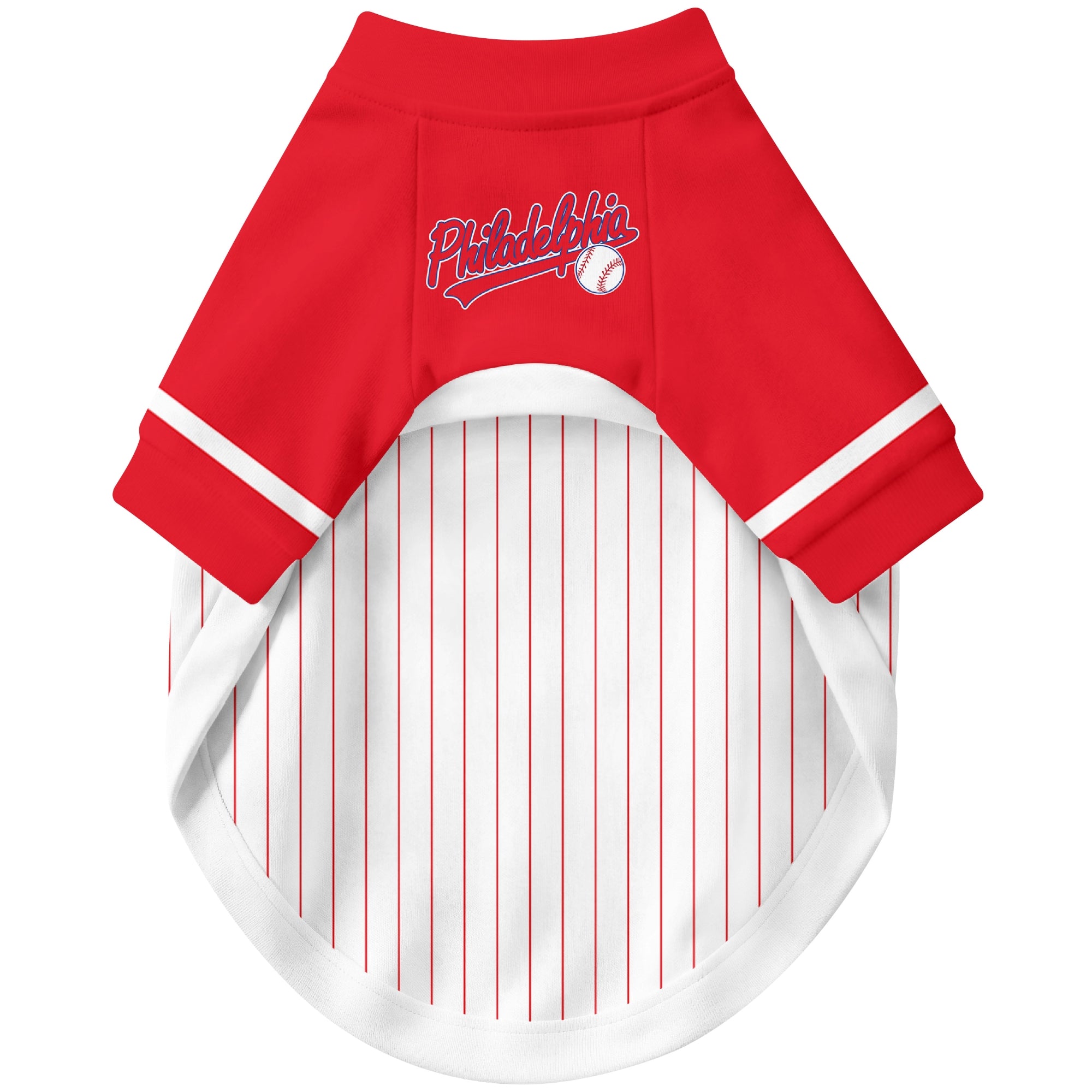 Front view of custom baseball-style dog jersey in White and Red colors