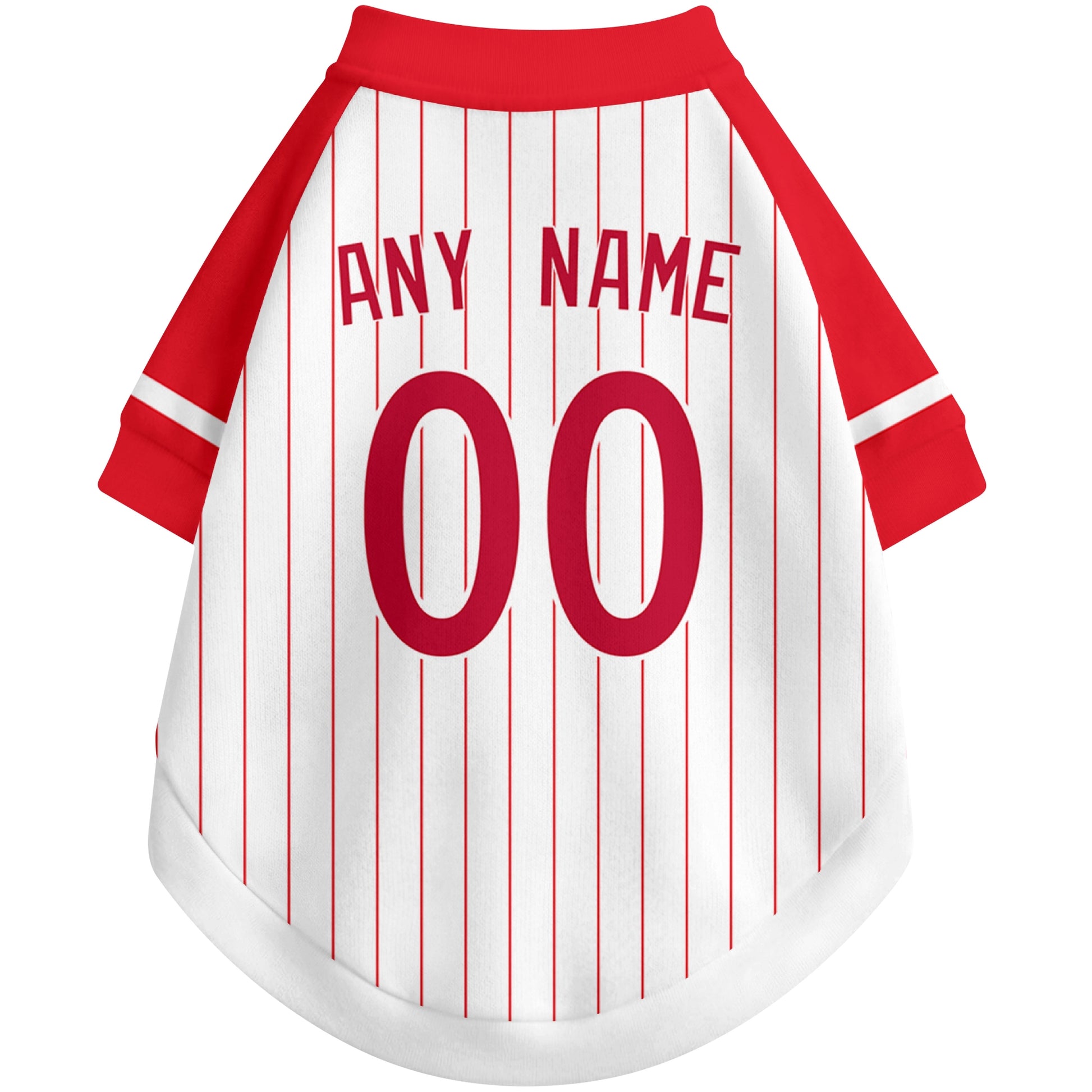 Back view of custom baseball-style dog jersey in White and Red colors with personalized name and number