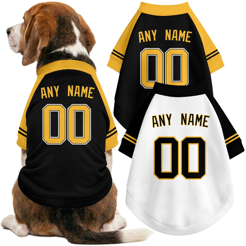 Dog wearing custom baseball-style jersey in Black and White colors with personalized name and number