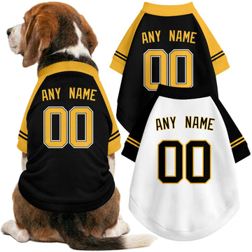 Dog wearing custom baseball-style jersey in Black and White colors with personalized name and number