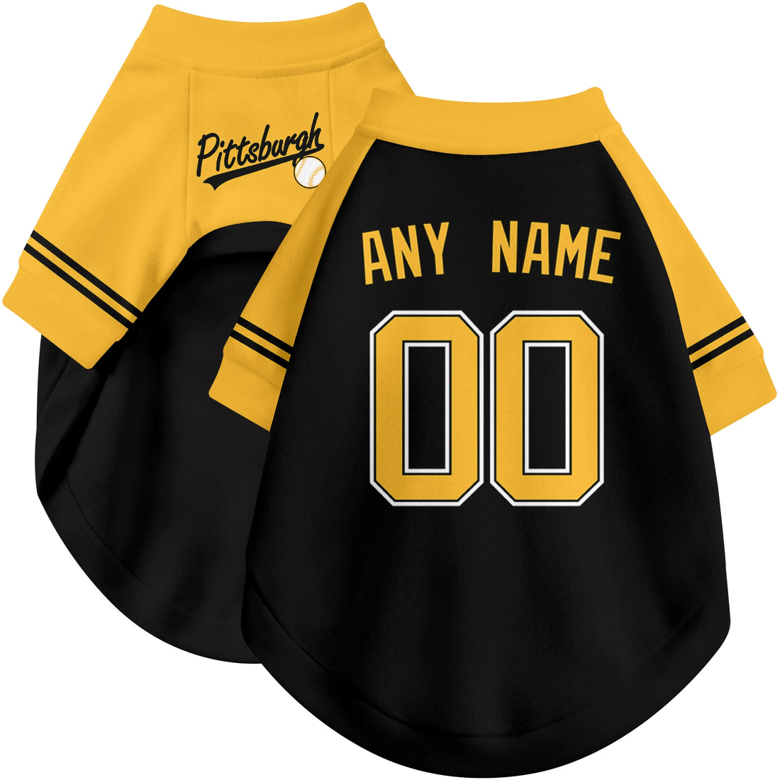 Dog wearing custom baseball-style jersey in Black and White colors with personalized name and number