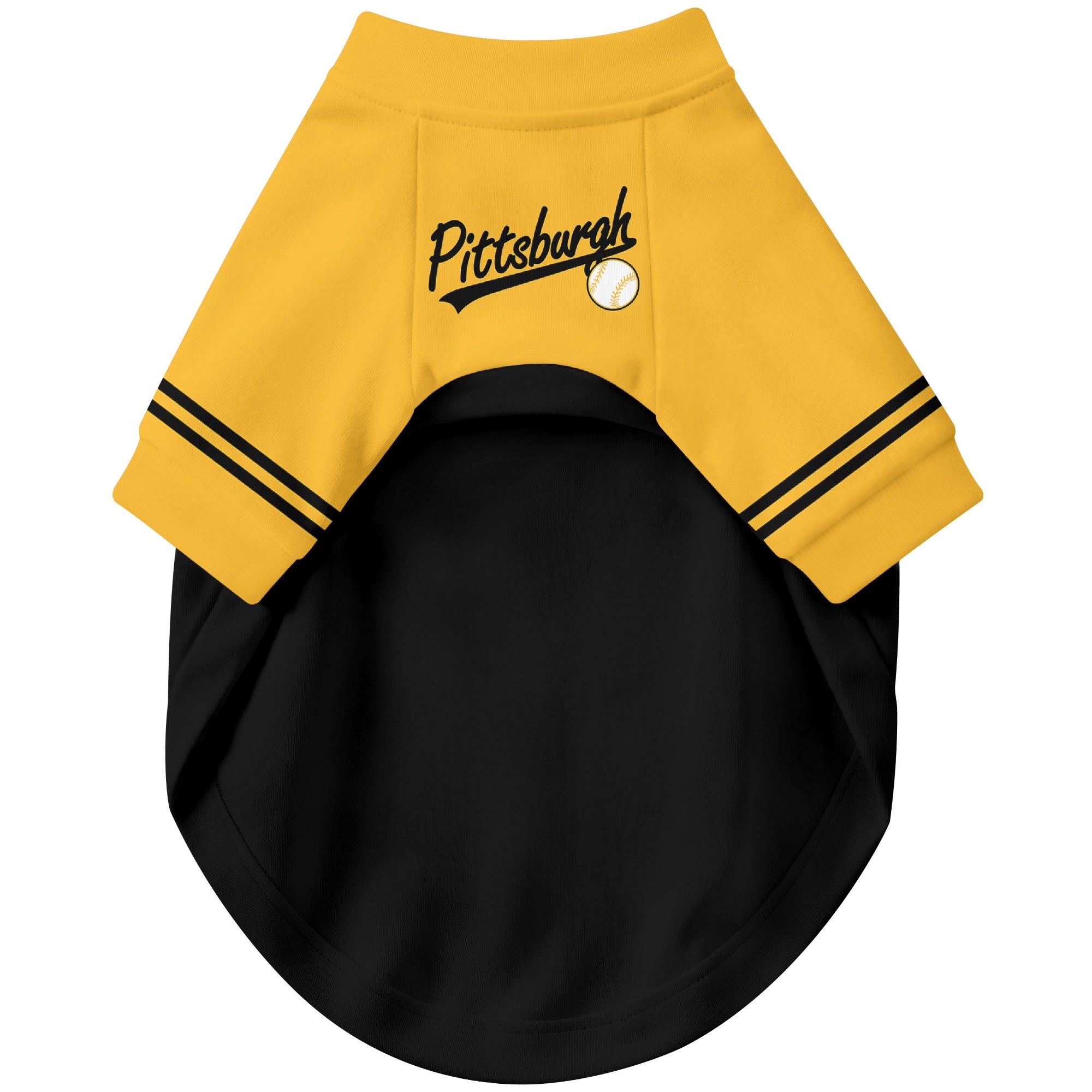 Front view of custom baseball-style dog jersey in Black and White colors