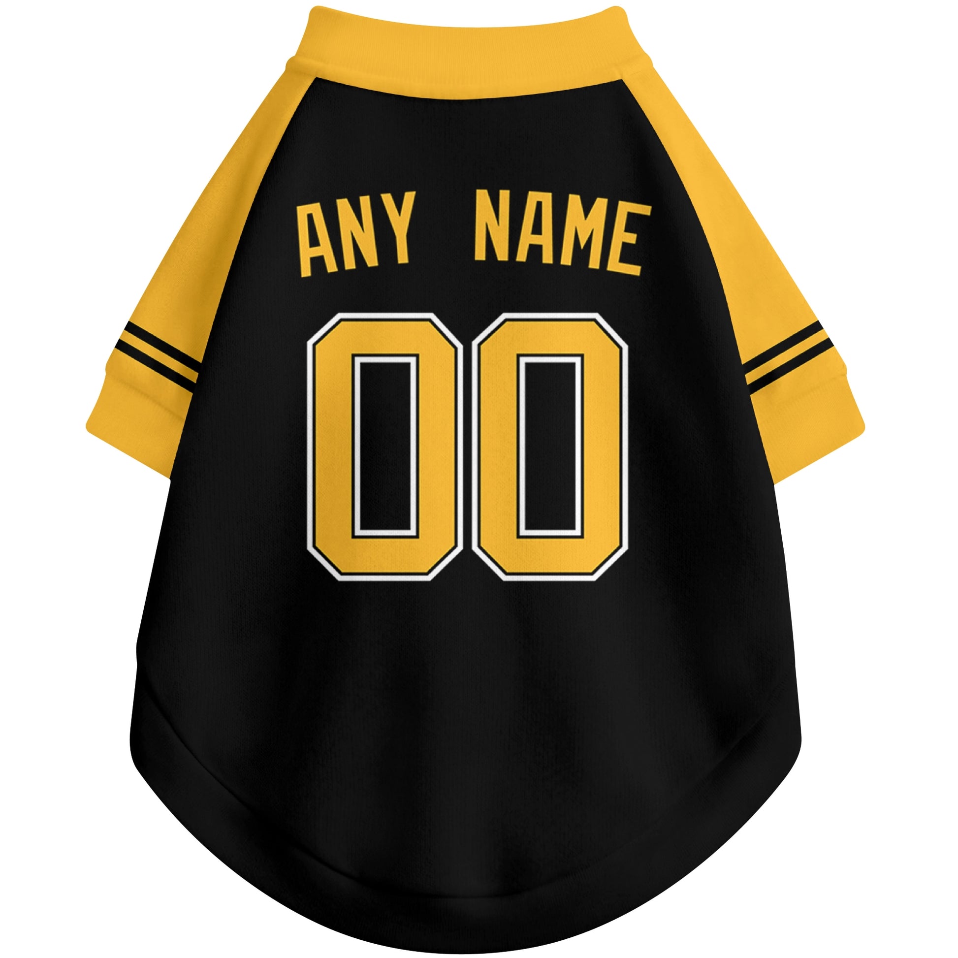Back view of custom baseball-style dog jersey in Black and White colors with personalized name and number
