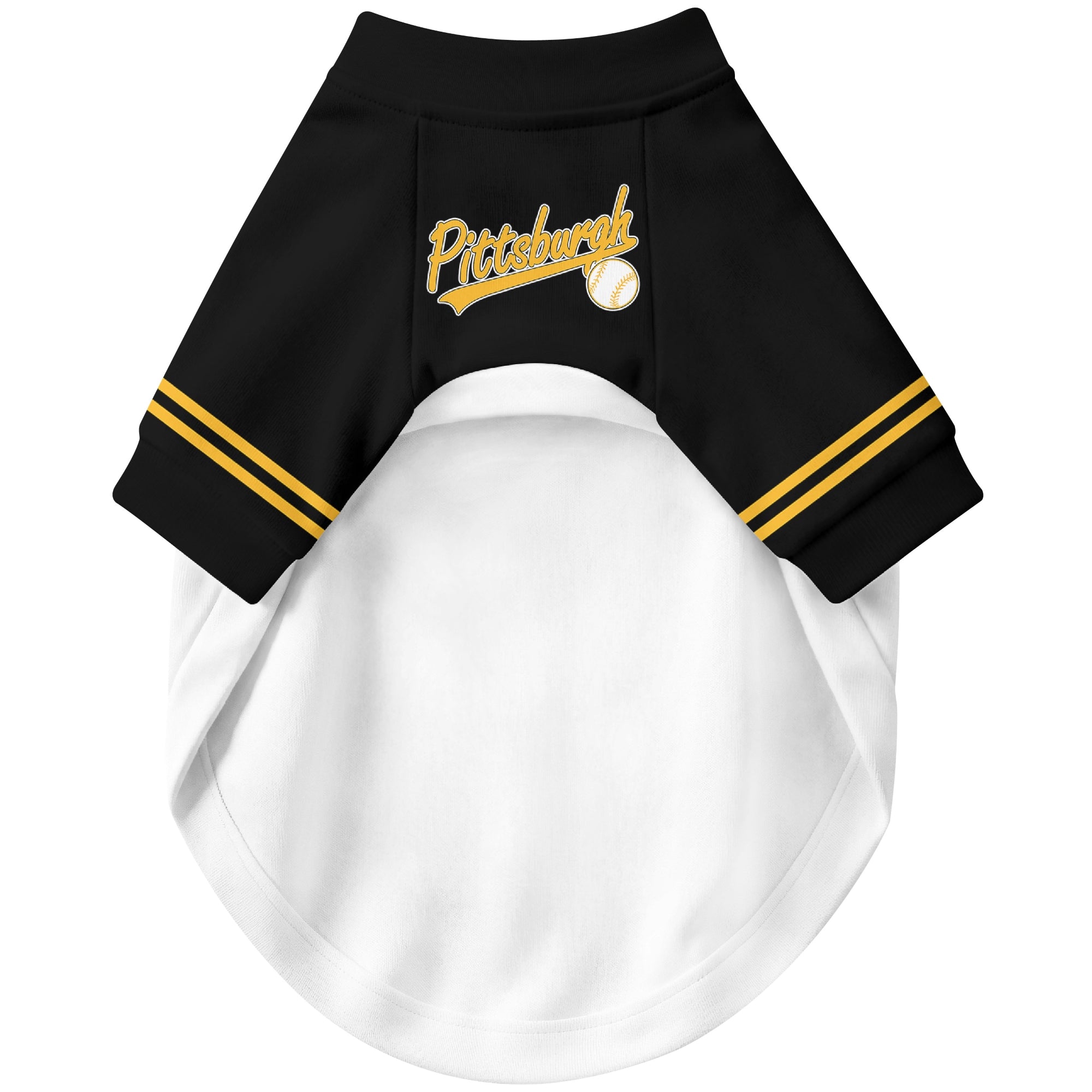 Front view of custom baseball-style dog jersey in White and Black colors