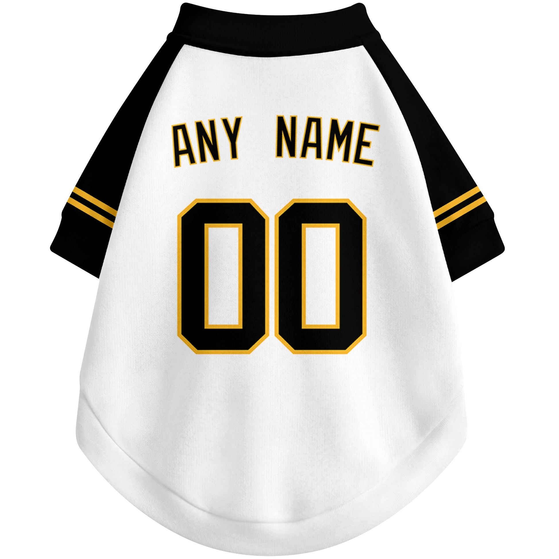 Back view of custom baseball-style dog jersey in White and Black colors with personalized name and number