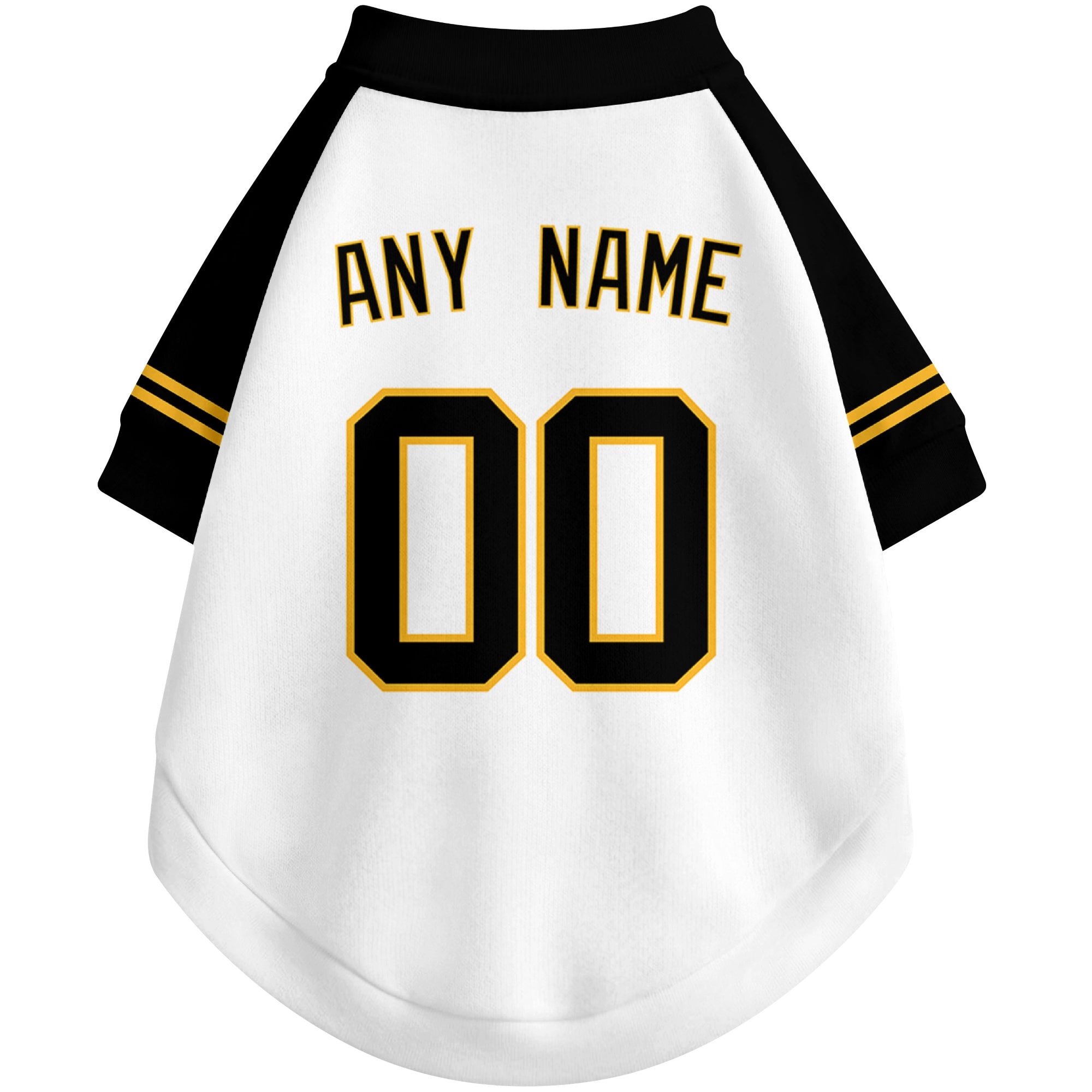 Back view of custom baseball-style dog jersey in White and Black colors with personalized name and number