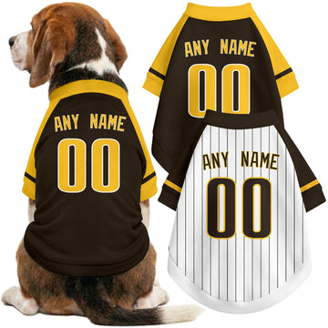 Dog wearing custom baseball-style jersey in Brown and White colors with personalized name and number