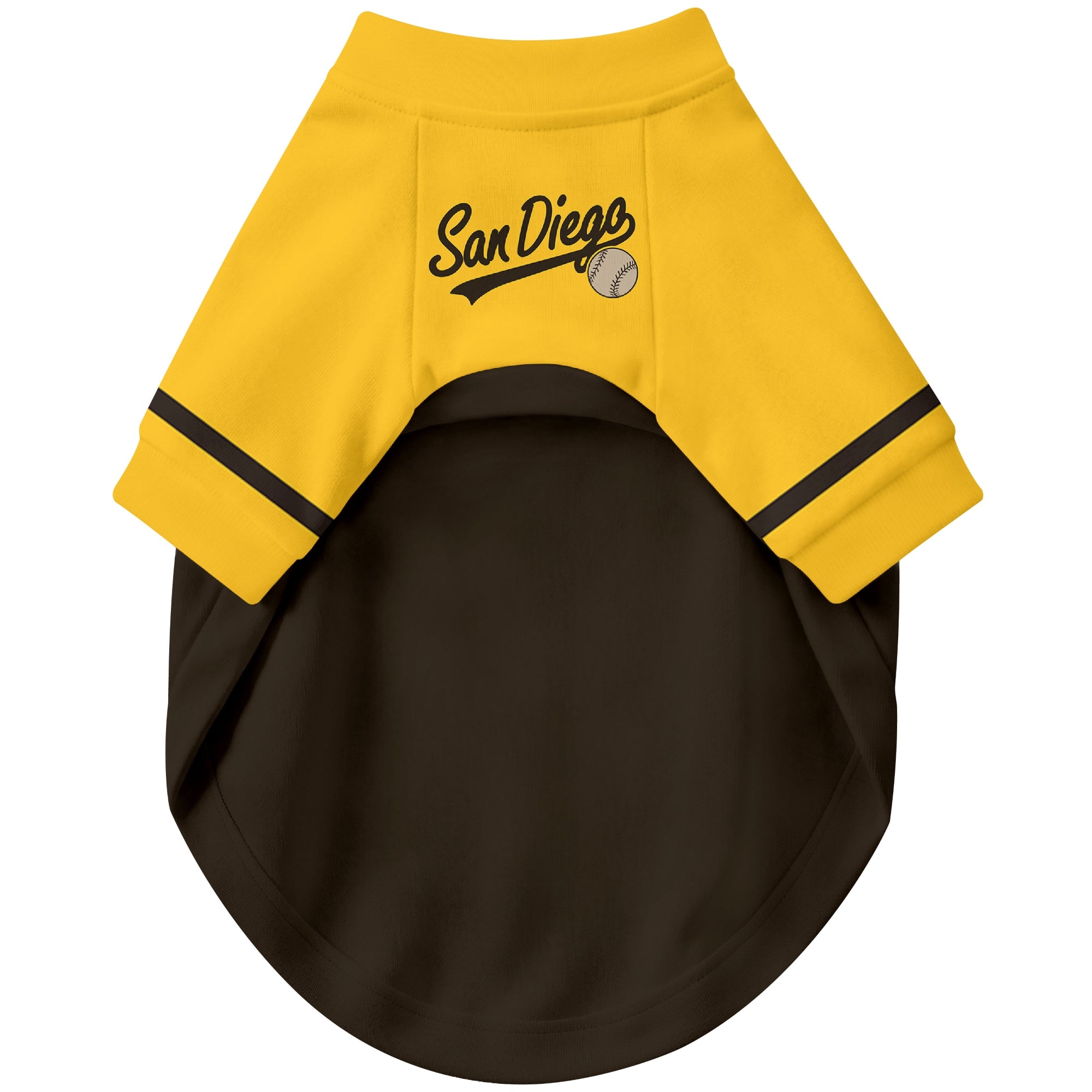 Front view of custom baseball-style dog jersey in Brown and White colors
