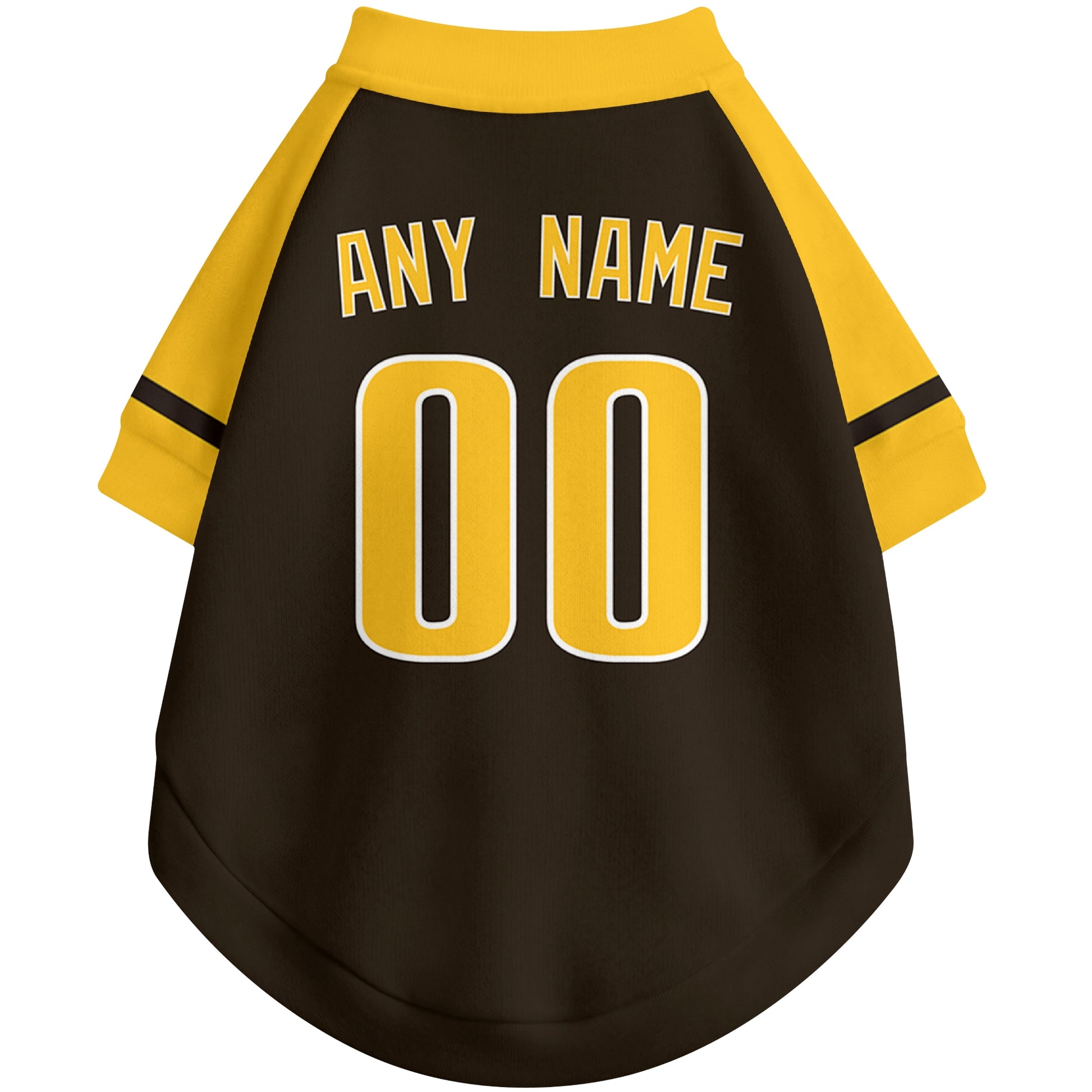 Back view of custom baseball-style dog jersey in Brown and White colors with personalized name and number