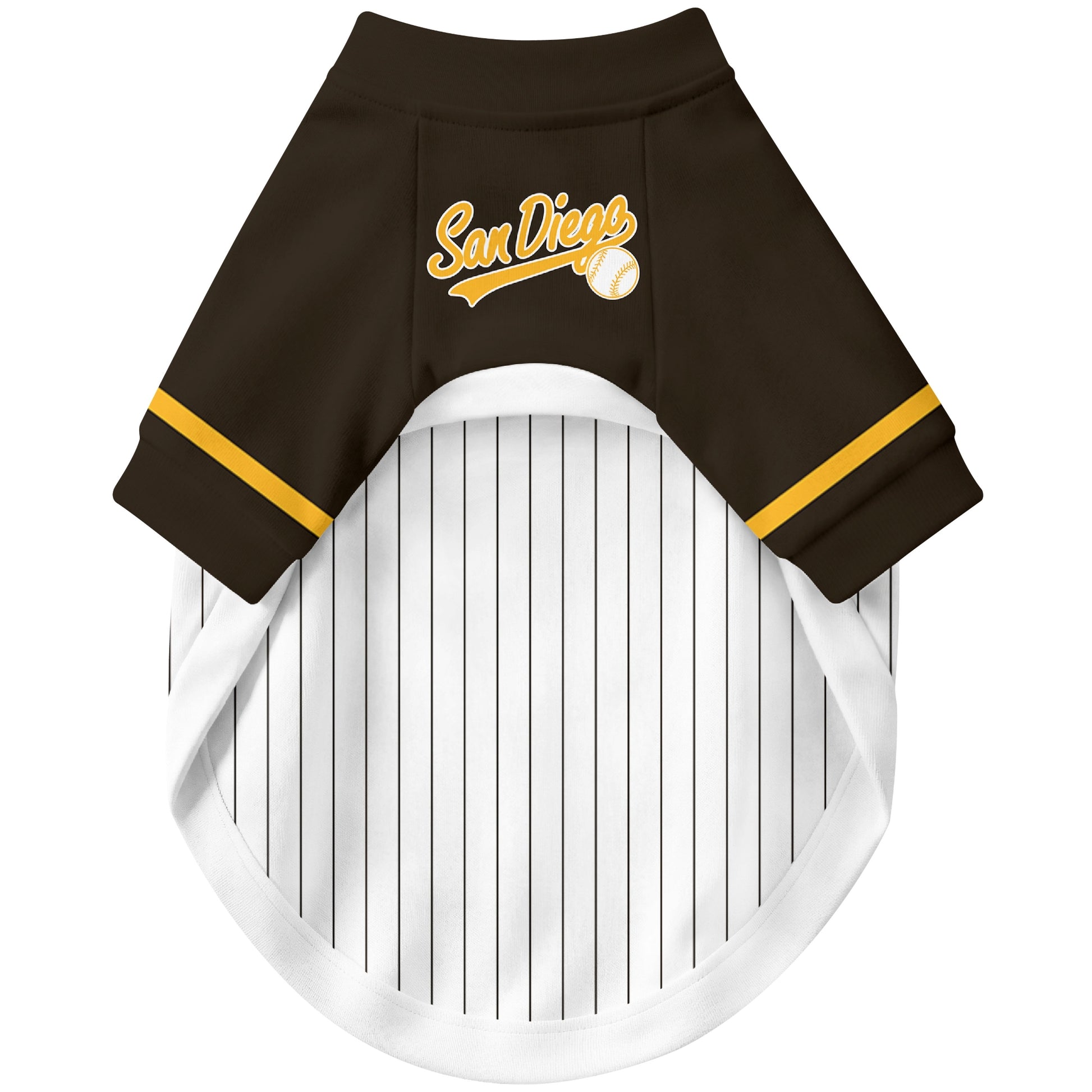 Front view of custom baseball-style dog jersey in White and Brown colors