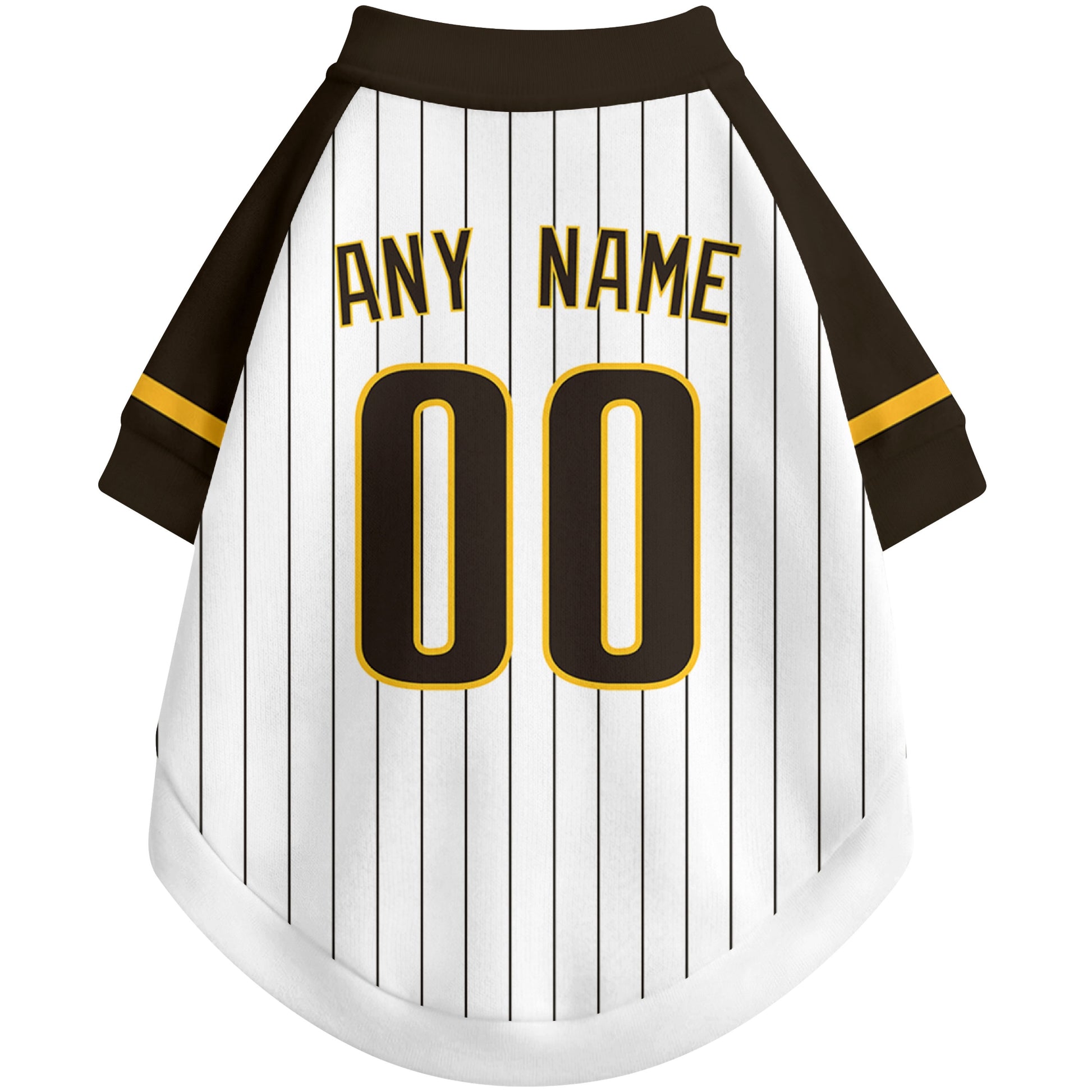 Back view of custom baseball-style dog jersey in White and Brown colors with personalized name and number