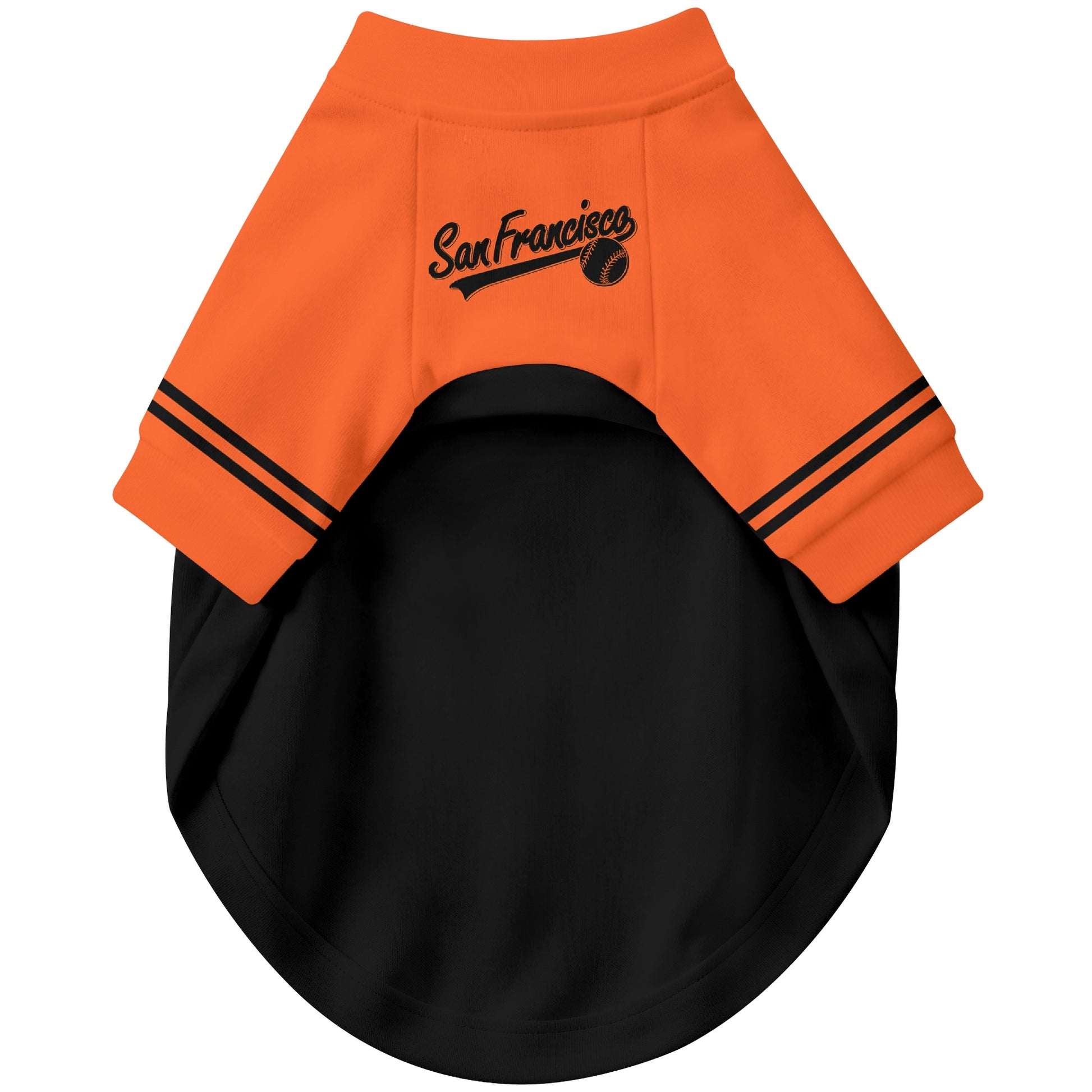 Front view of custom baseball-style dog jersey in Black and Cream colors