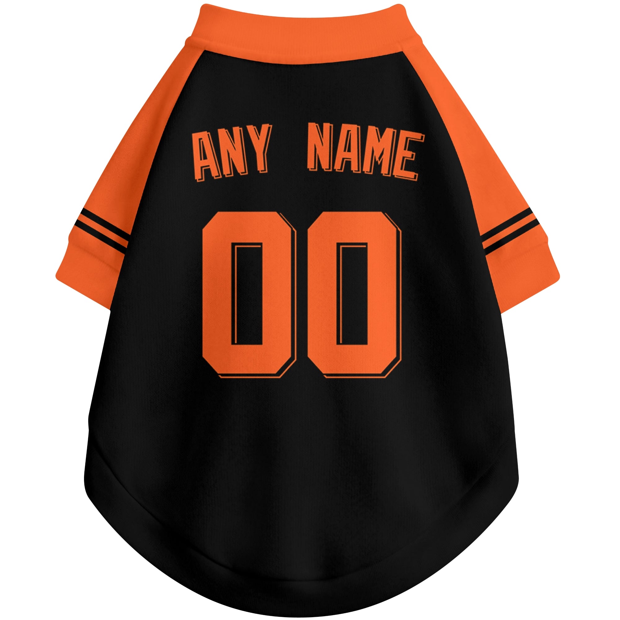 Back view of custom baseball-style dog jersey in Black and Cream colors with personalized name and number