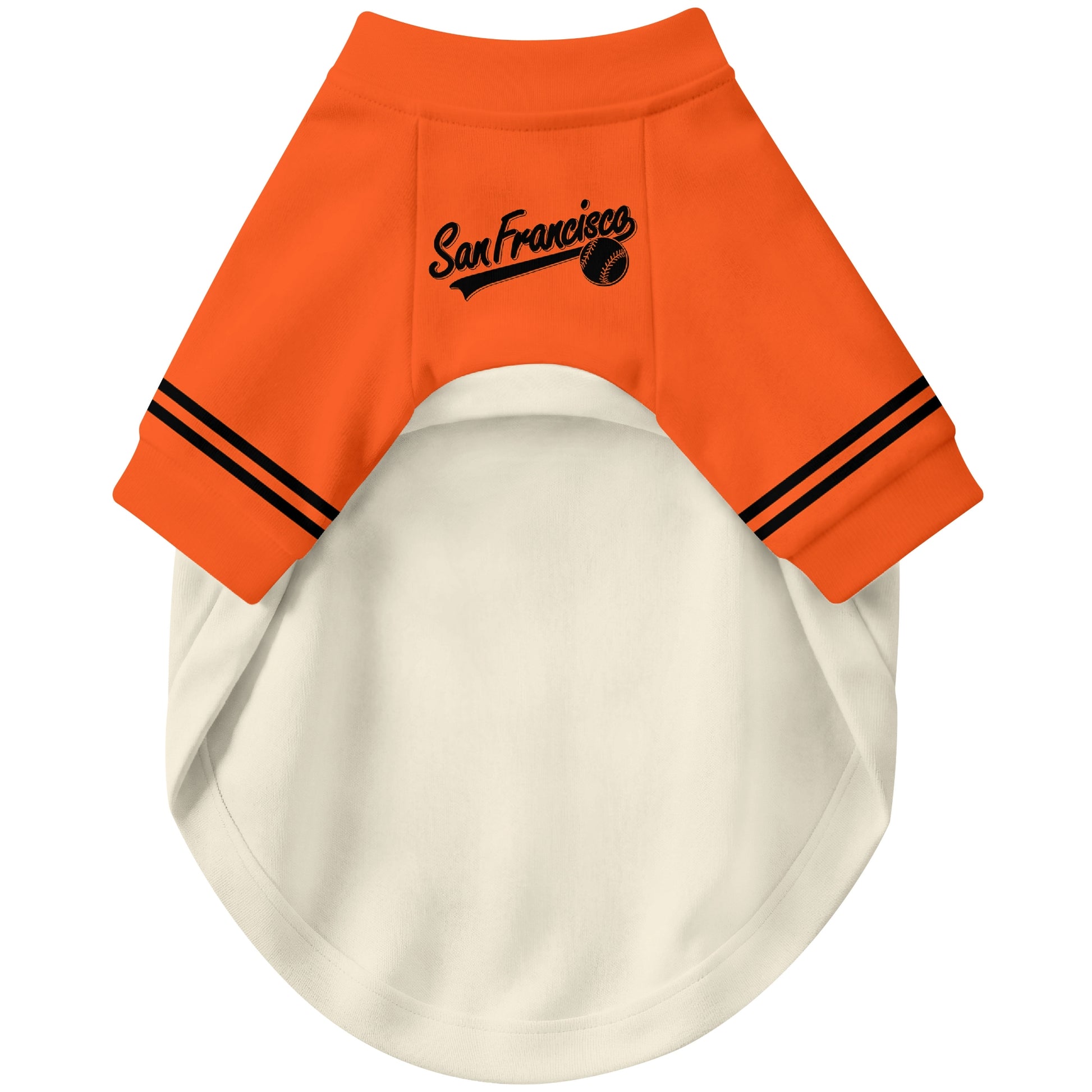 Front view of custom baseball-style dog jersey in Cream and Black colors