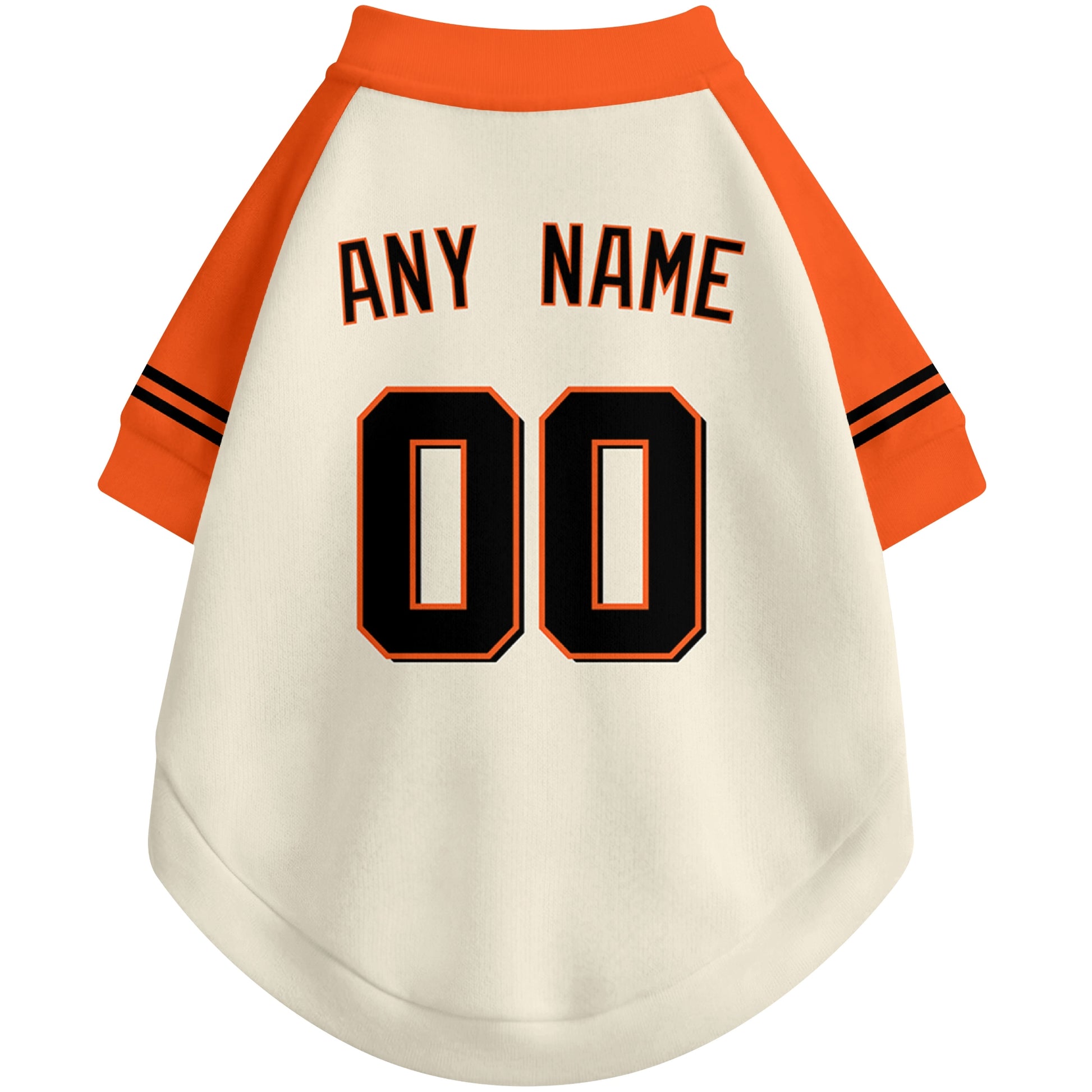 Back view of custom baseball-style dog jersey in Cream and Black colors with personalized name and number