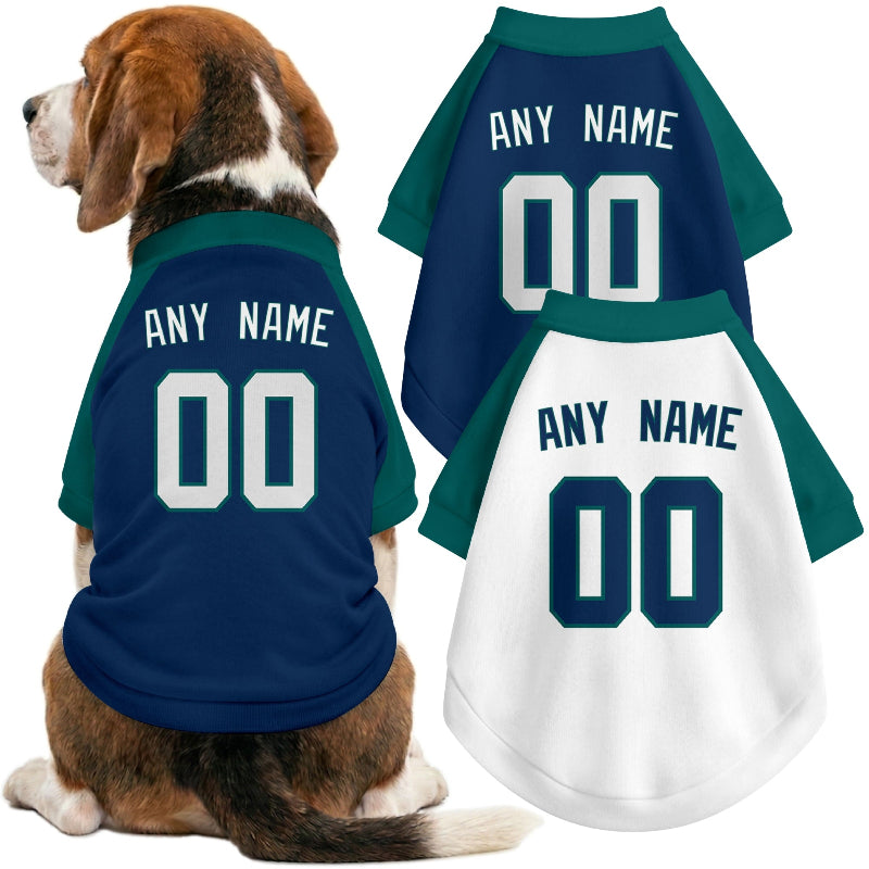Dog wearing custom baseball-style jersey in Navy and White colors with personalized name and number