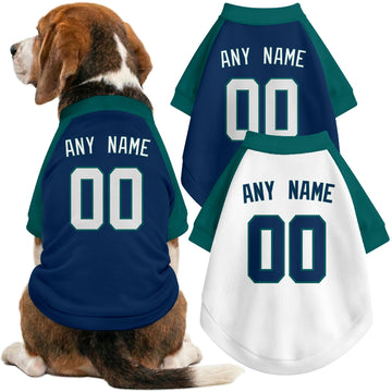 Dog wearing custom baseball-style jersey in Navy and White colors with personalized name and number