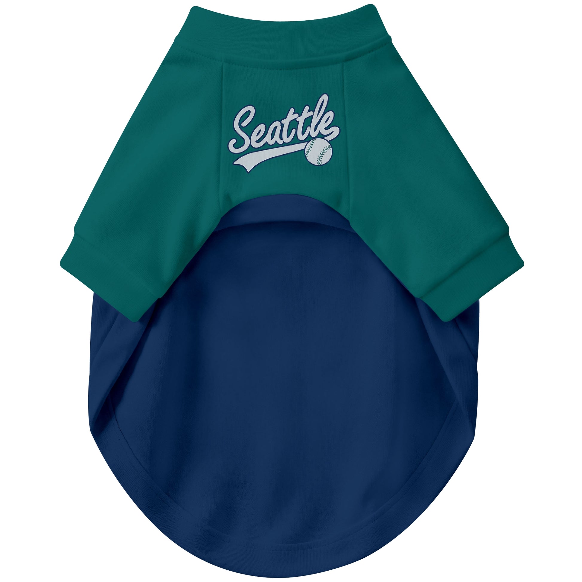 Front view of custom baseball-style dog jersey in Navy and White colors
