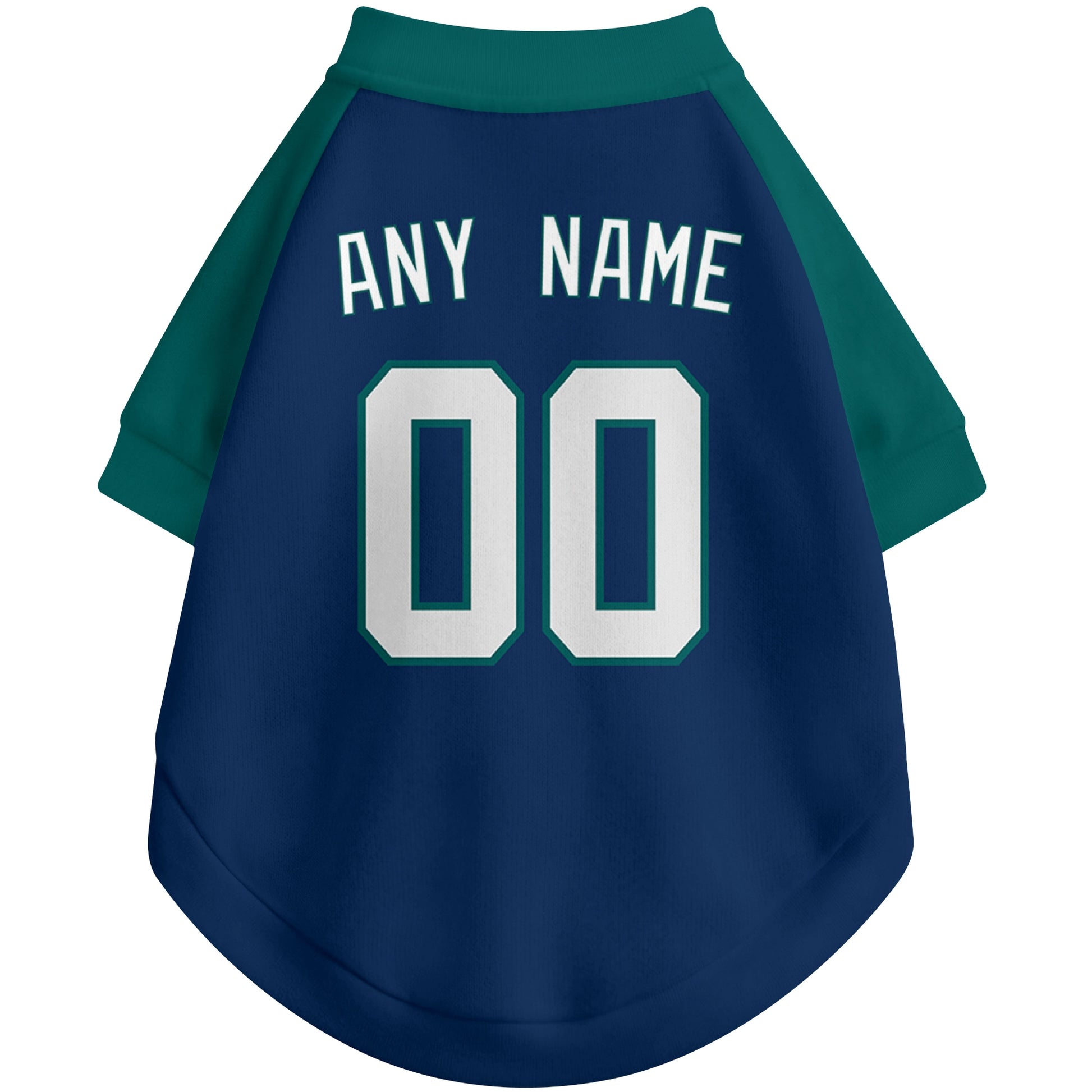 Back view of custom baseball-style dog jersey in Navy and White colors with personalized name and number