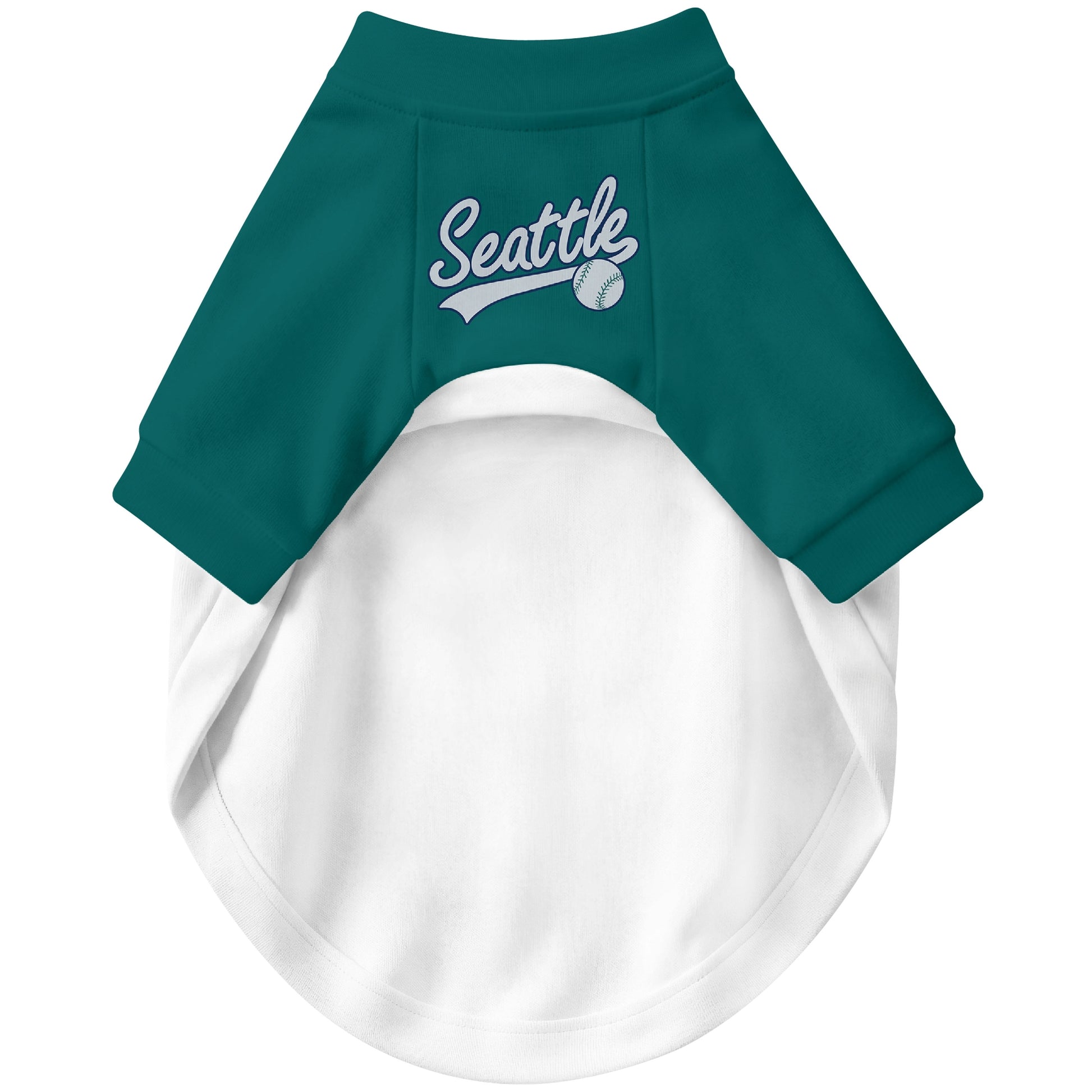 Front view of custom baseball-style dog jersey in White and Navy colors