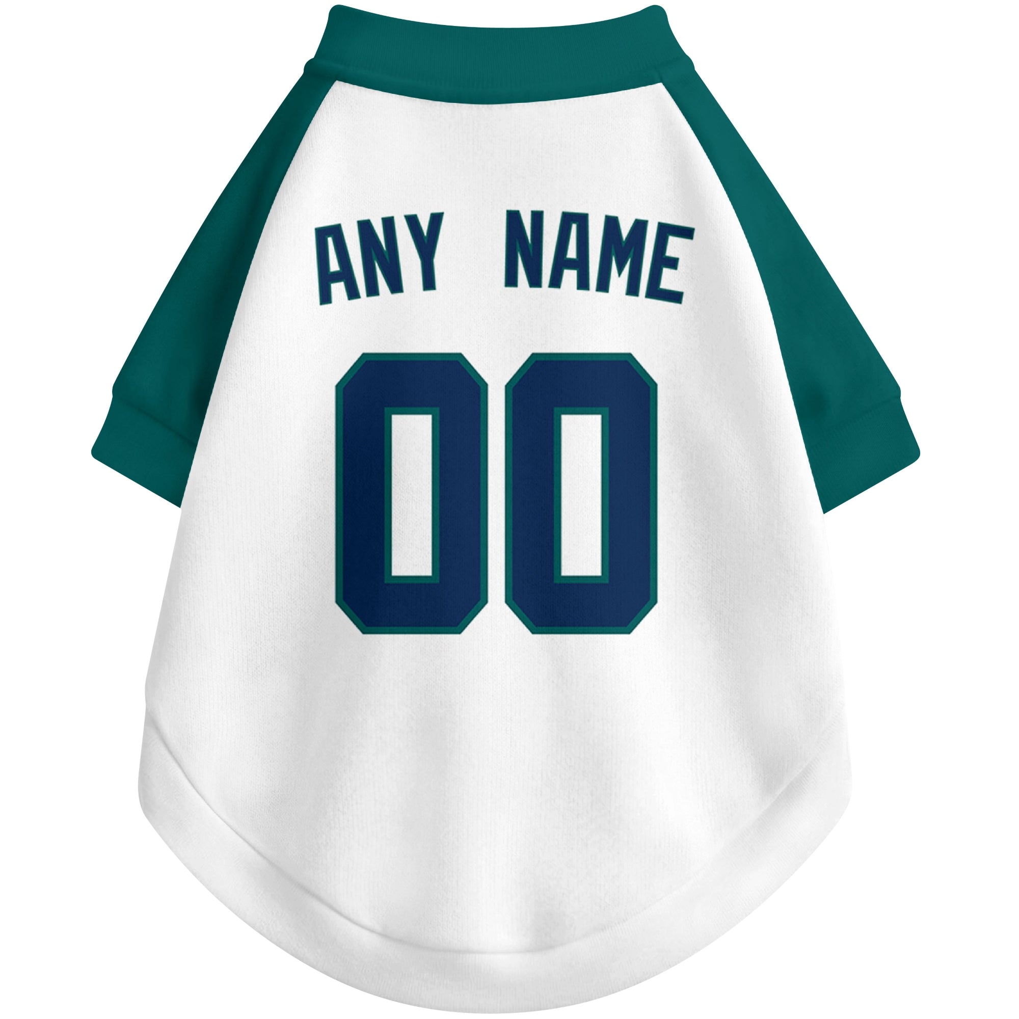 Back view of custom baseball-style dog jersey in White and Navy colors with personalized name and number