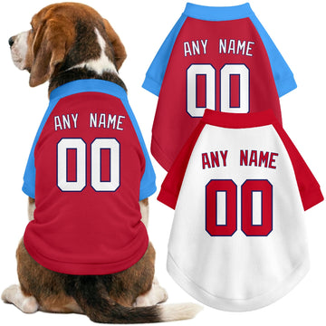 Dog wearing custom baseball-style jersey in Red and White colors with personalized name and number