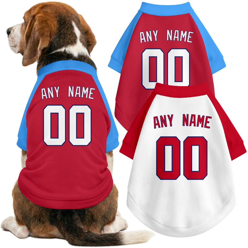 Dog wearing custom baseball-style jersey in Red and White colors with personalized name and number