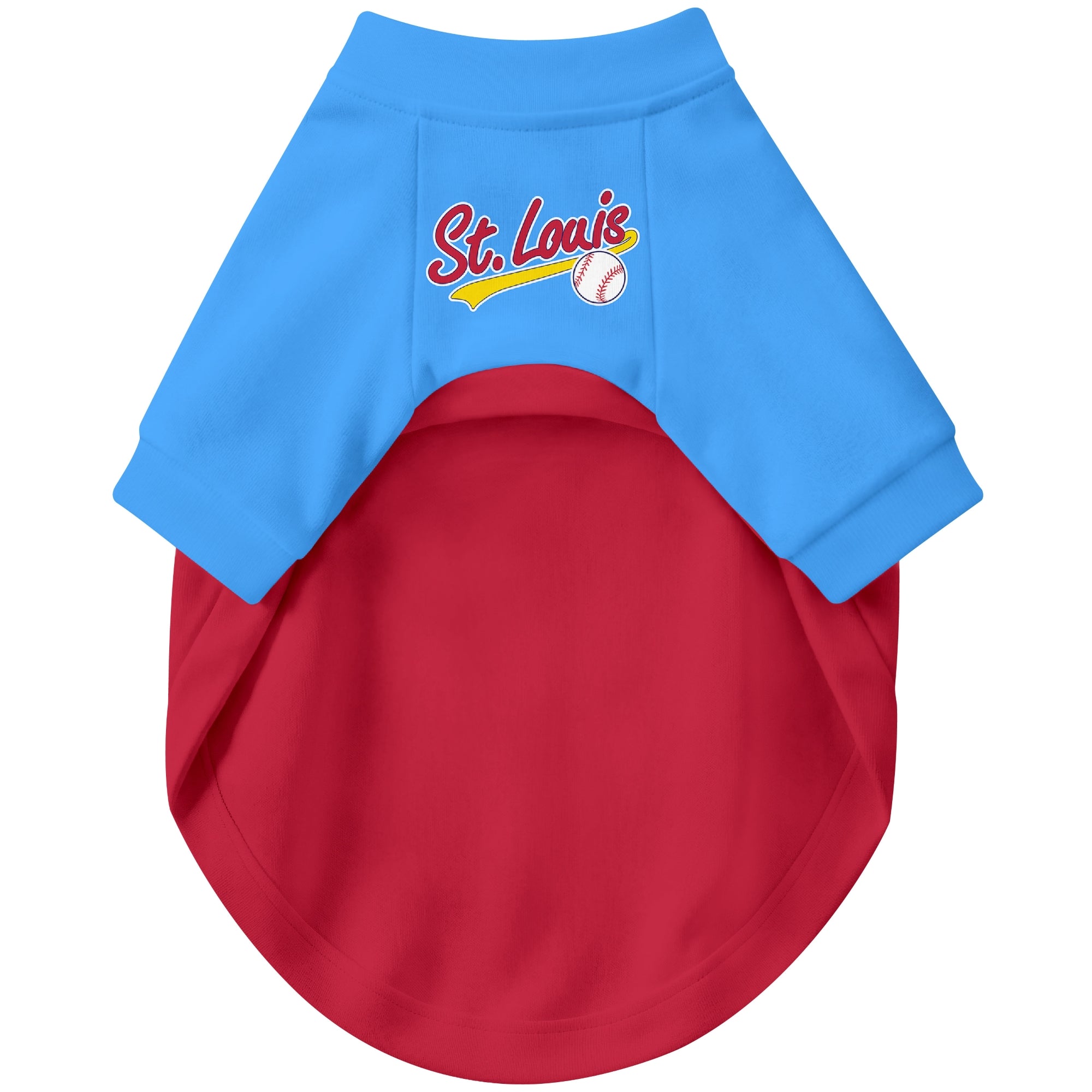 Front view of custom baseball-style dog jersey in Red and White colors