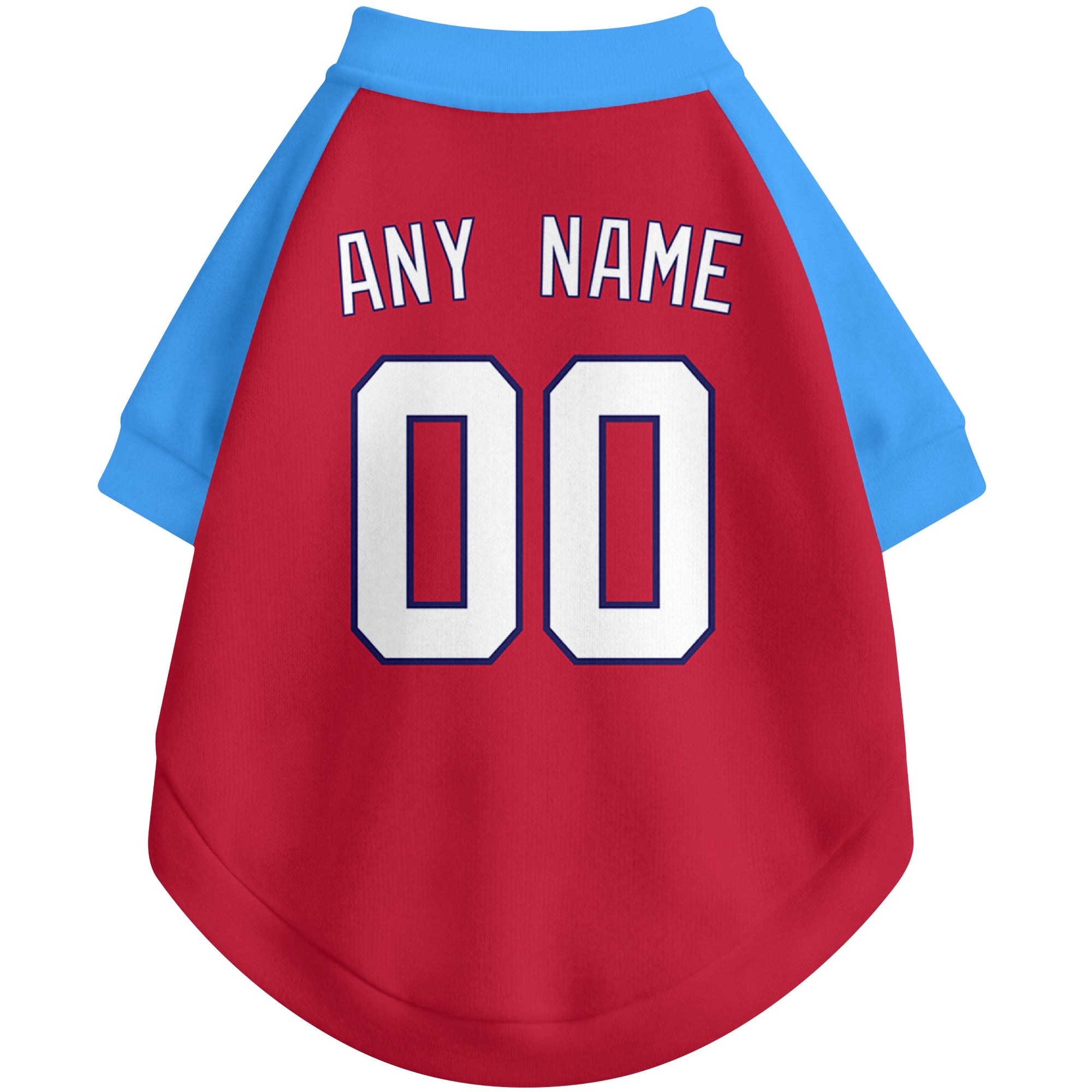 Back view of custom baseball-style dog jersey in Red and White colors with personalized name and number