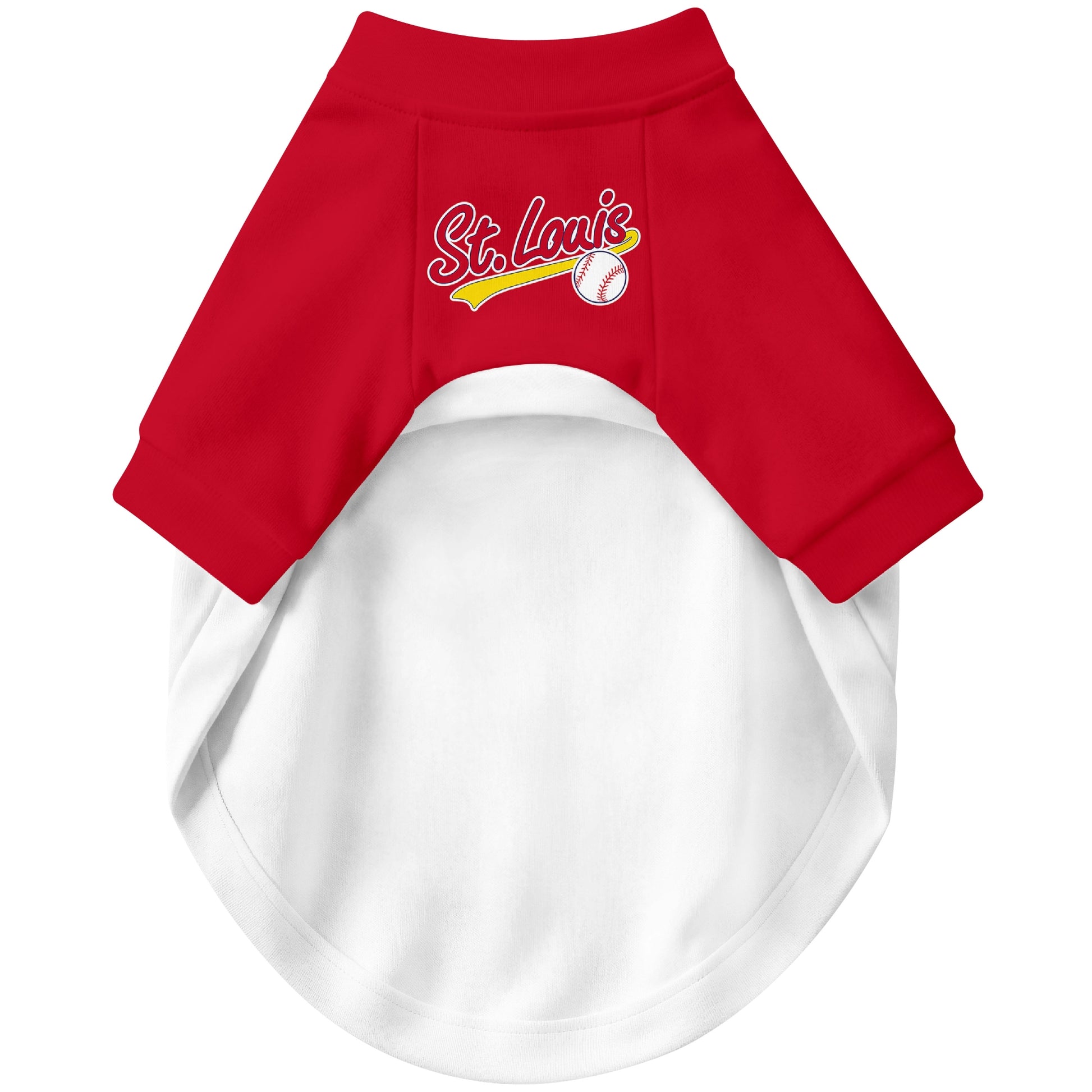 Front view of custom baseball-style dog jersey in White and Red colors