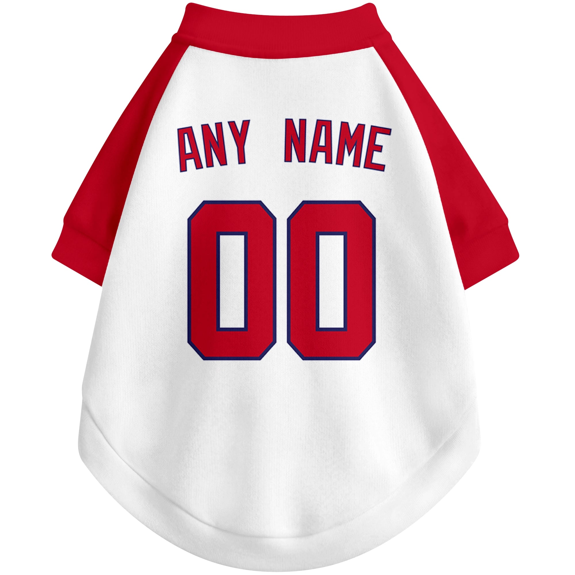 Back view of custom baseball-style dog jersey in White and Red colors with personalized name and number