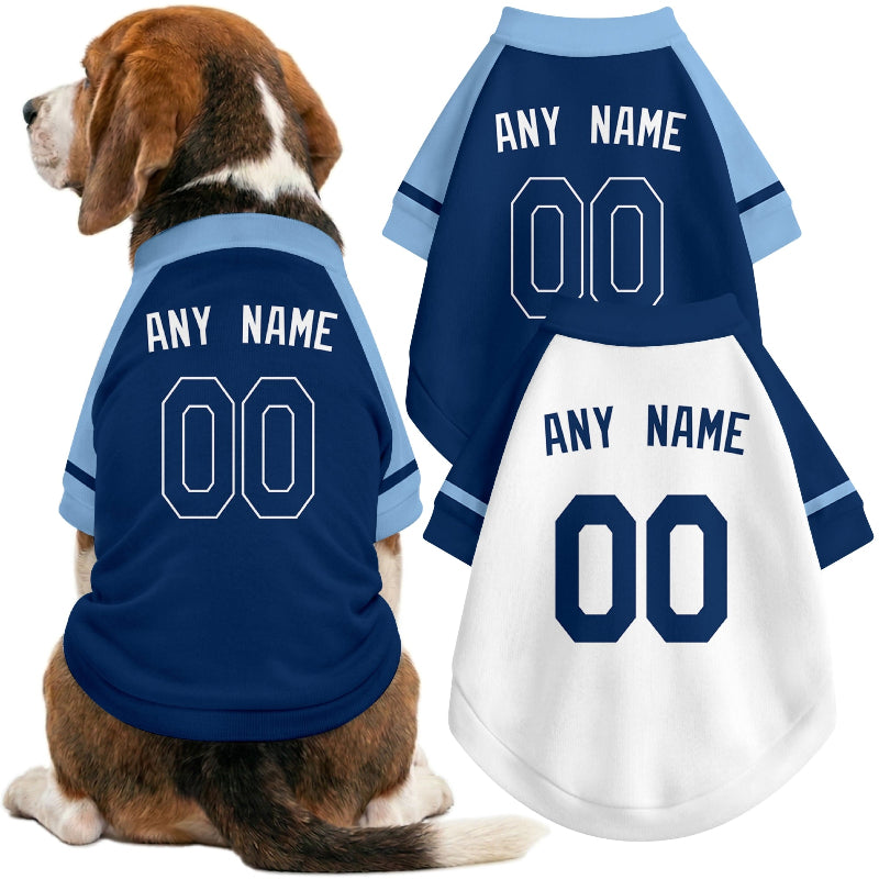 Dog wearing custom baseball-style jersey in Navy and White colors with personalized name and number