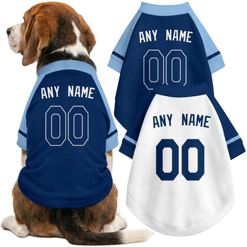 Dog wearing custom baseball-style jersey in Navy and White colors with personalized name and number