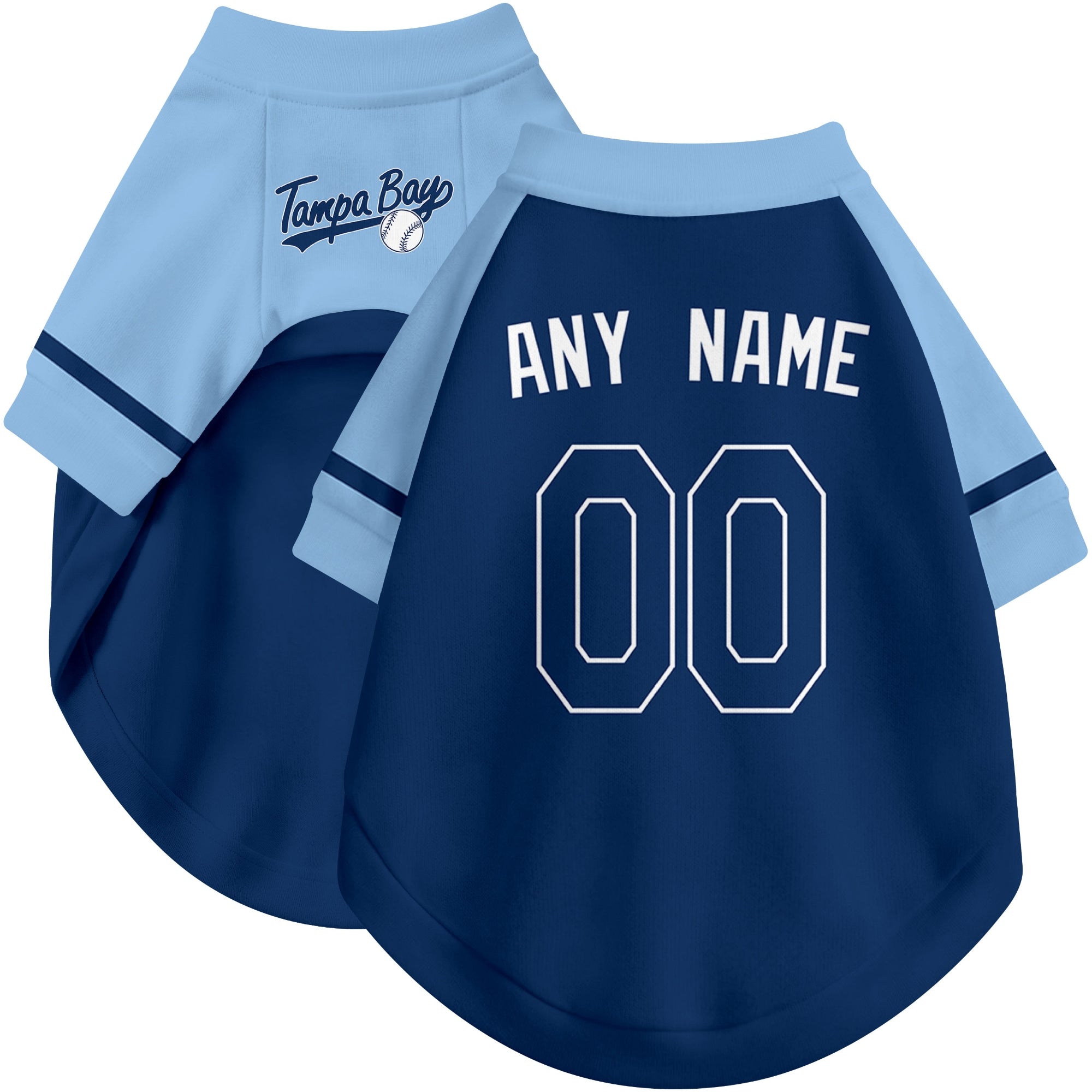 Custom baseball-style dog jersey color option 1 in Navy and White