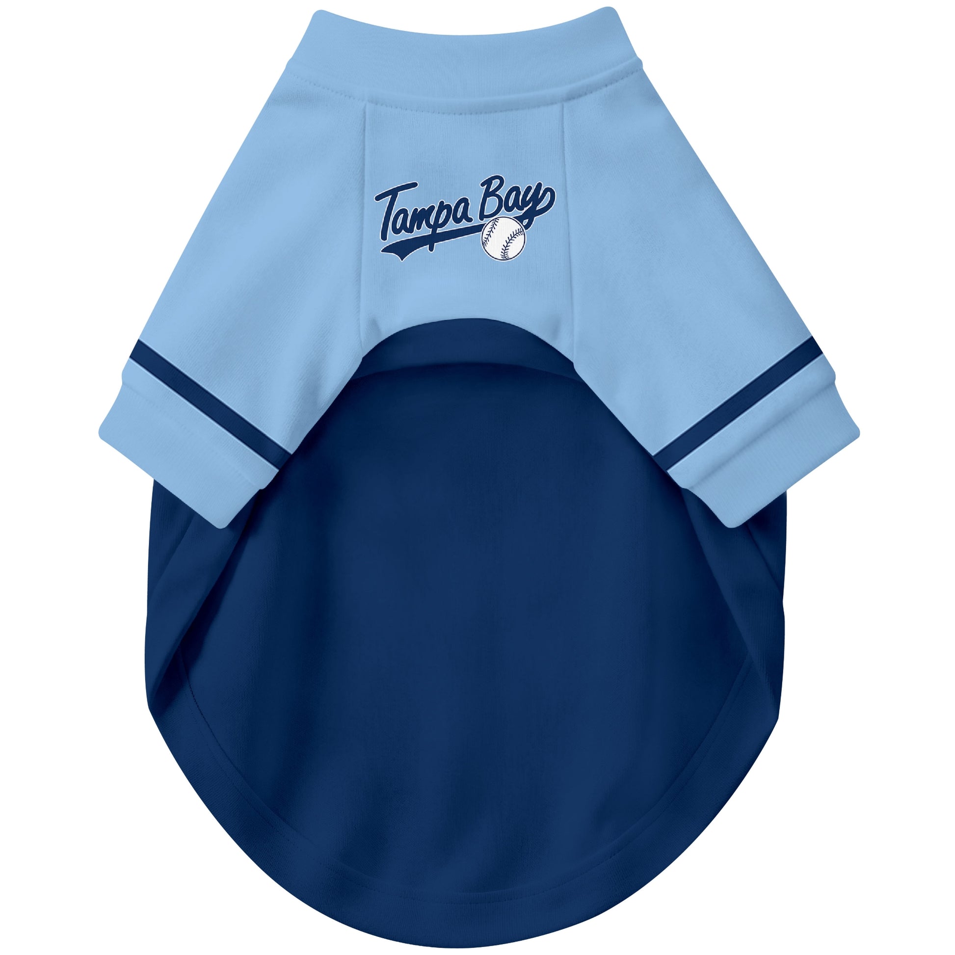 Front view of custom baseball-style dog jersey in Navy and White colors