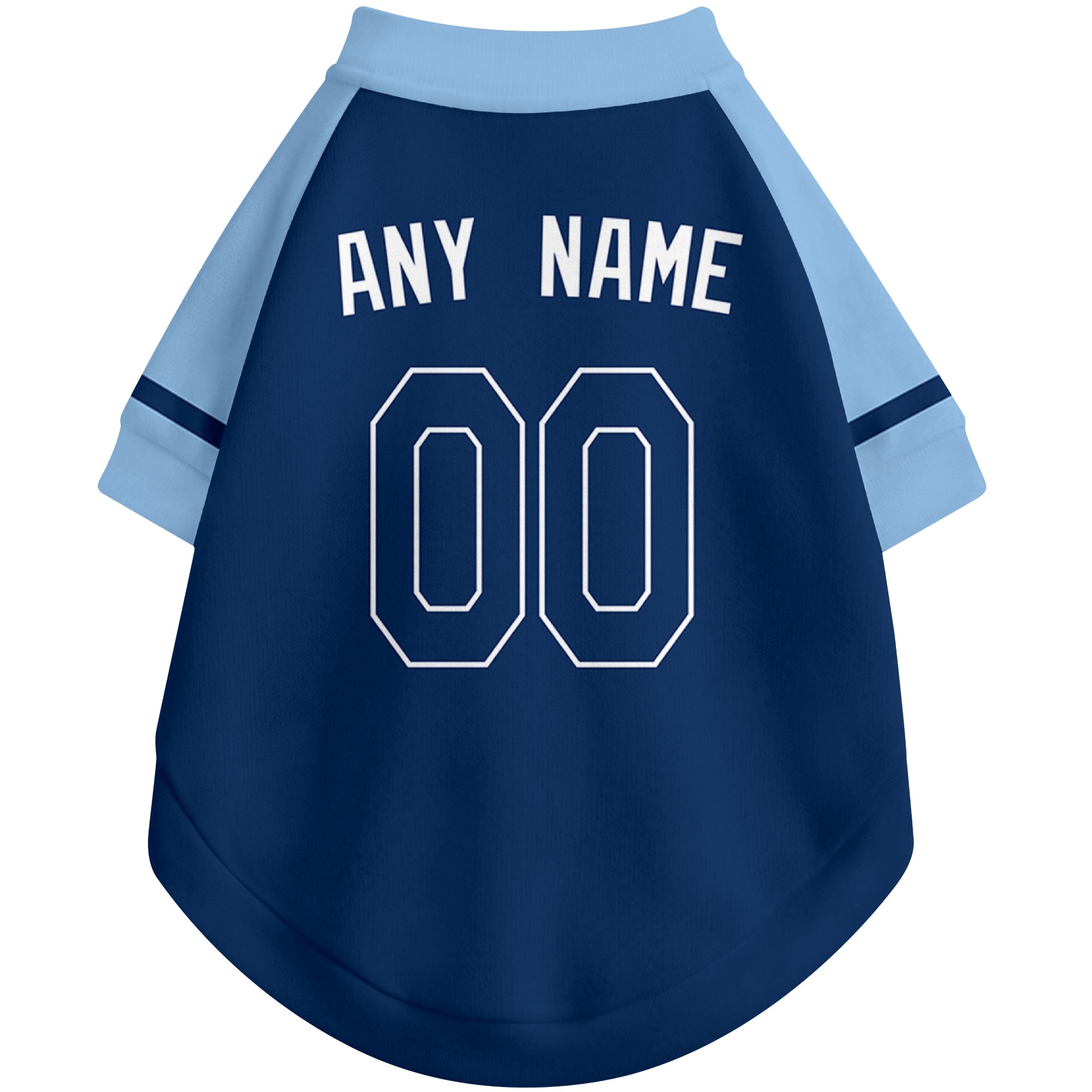 Back view of custom baseball-style dog jersey in Navy and White colors with personalized name and number