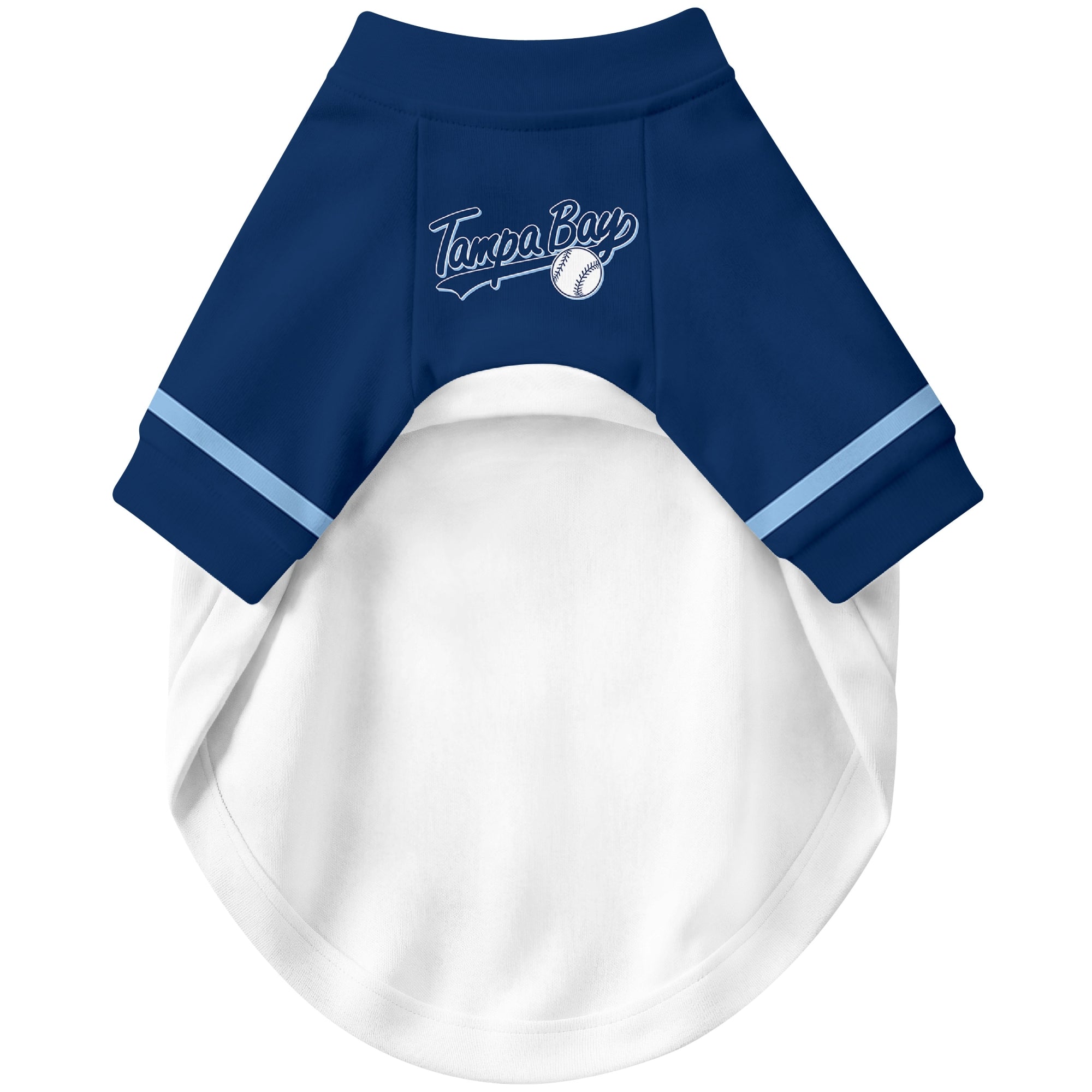 Front view of custom baseball-style dog jersey in White and Navy colors