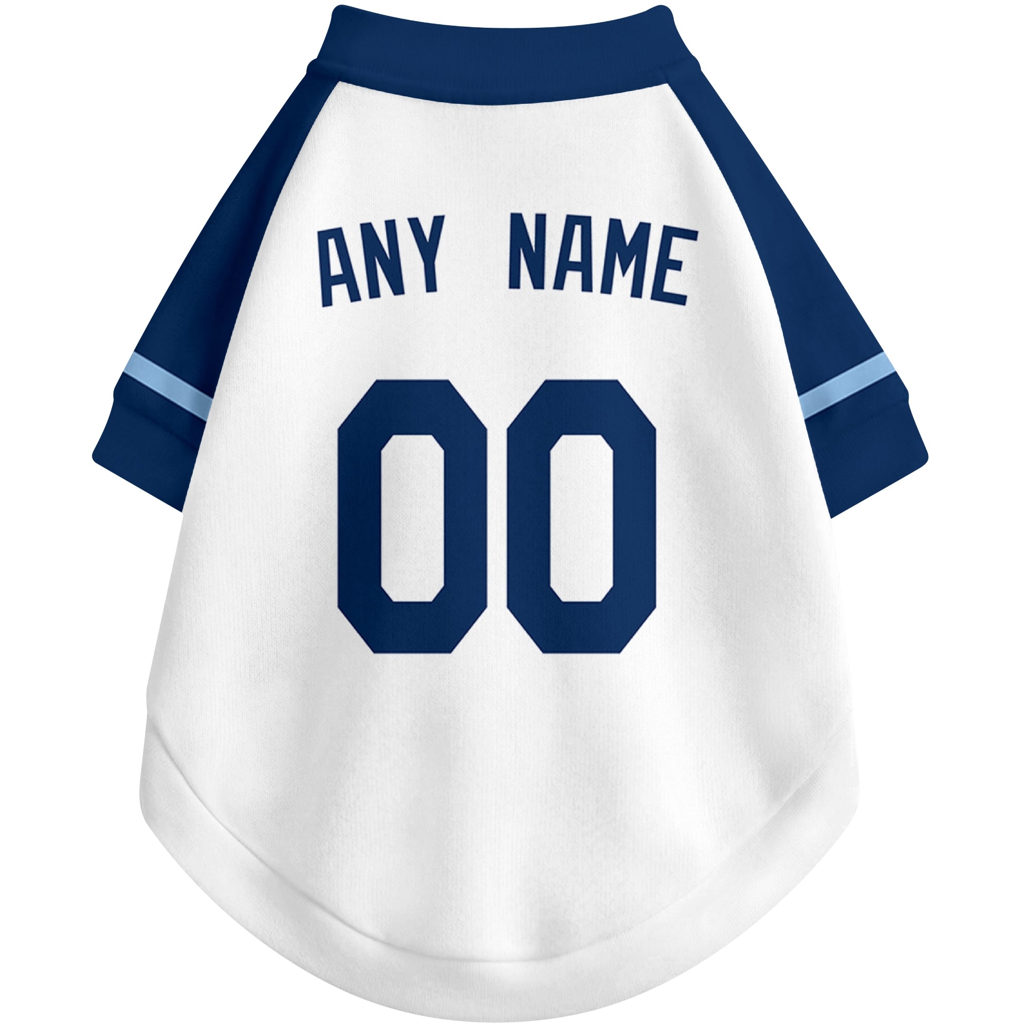 Back view of custom baseball-style dog jersey in White and Navy colors with personalized name and number