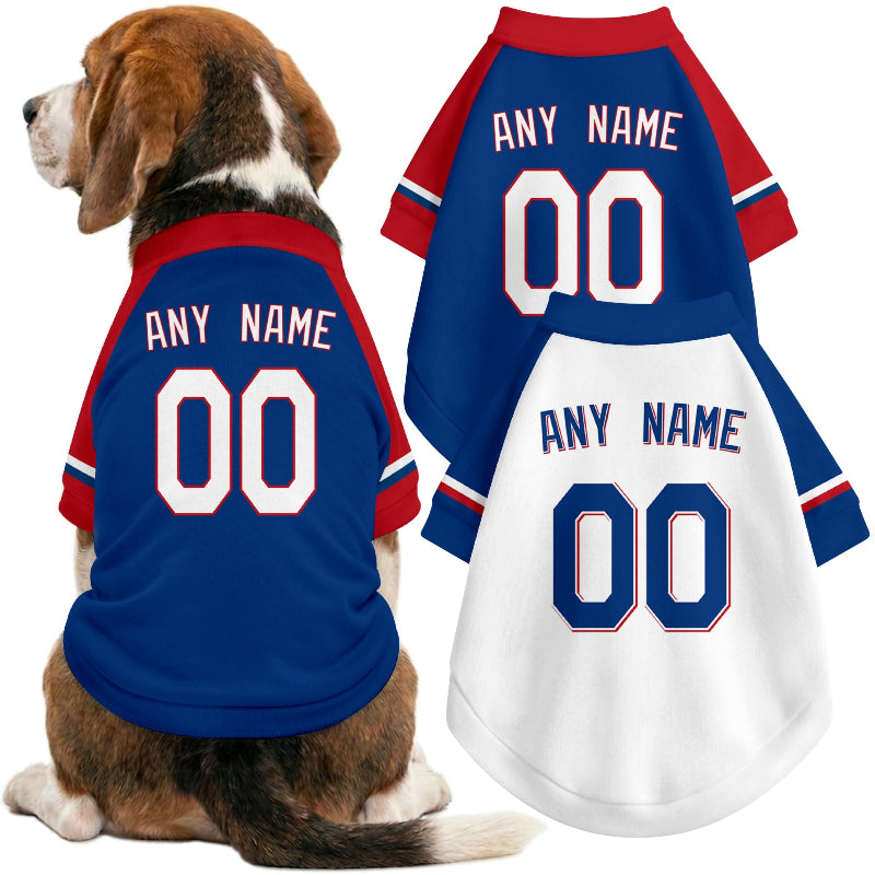 Dog wearing custom baseball-style jersey in Royal and White colors with personalized name and number