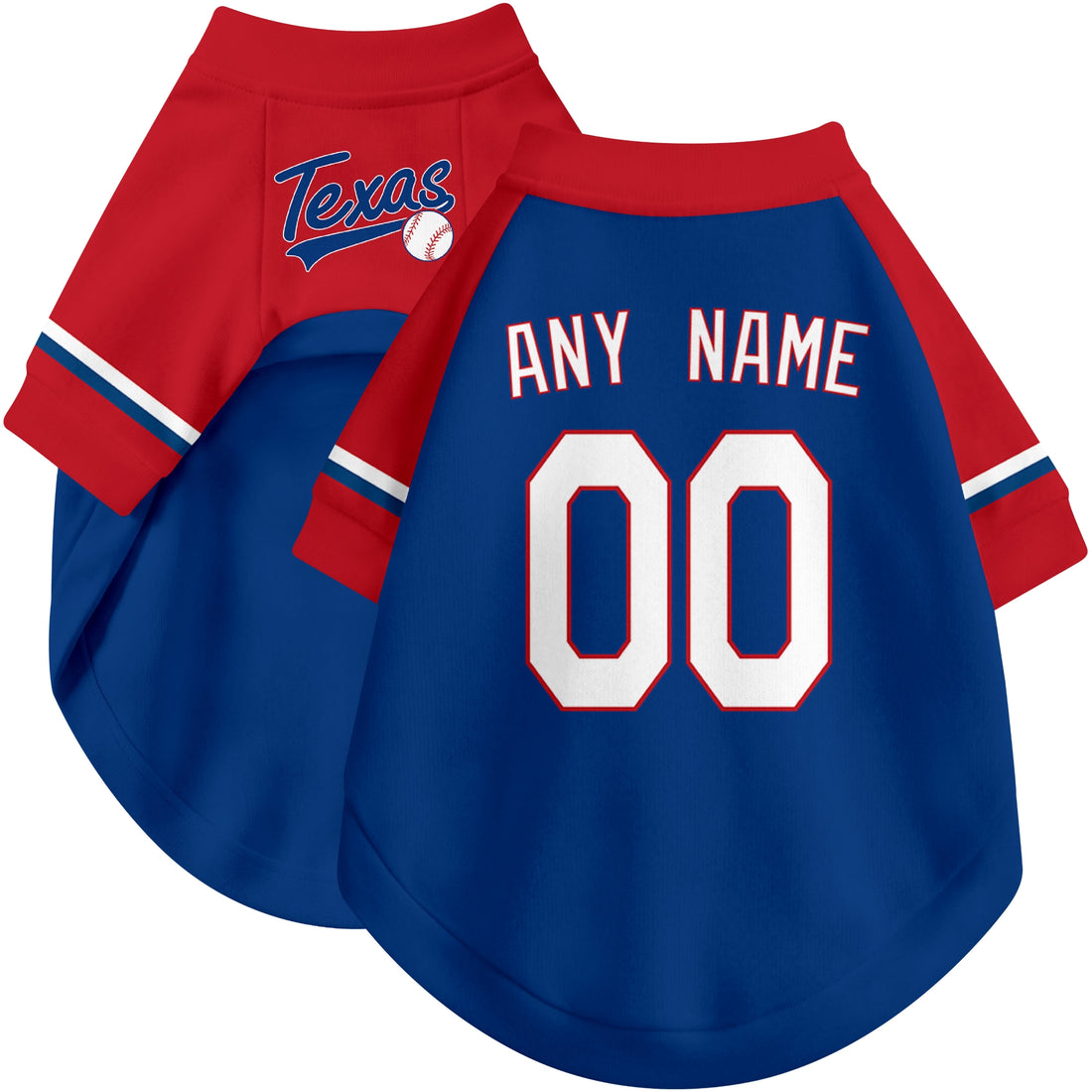 Dog wearing custom baseball-style jersey in Royal and White colors with personalized name and number