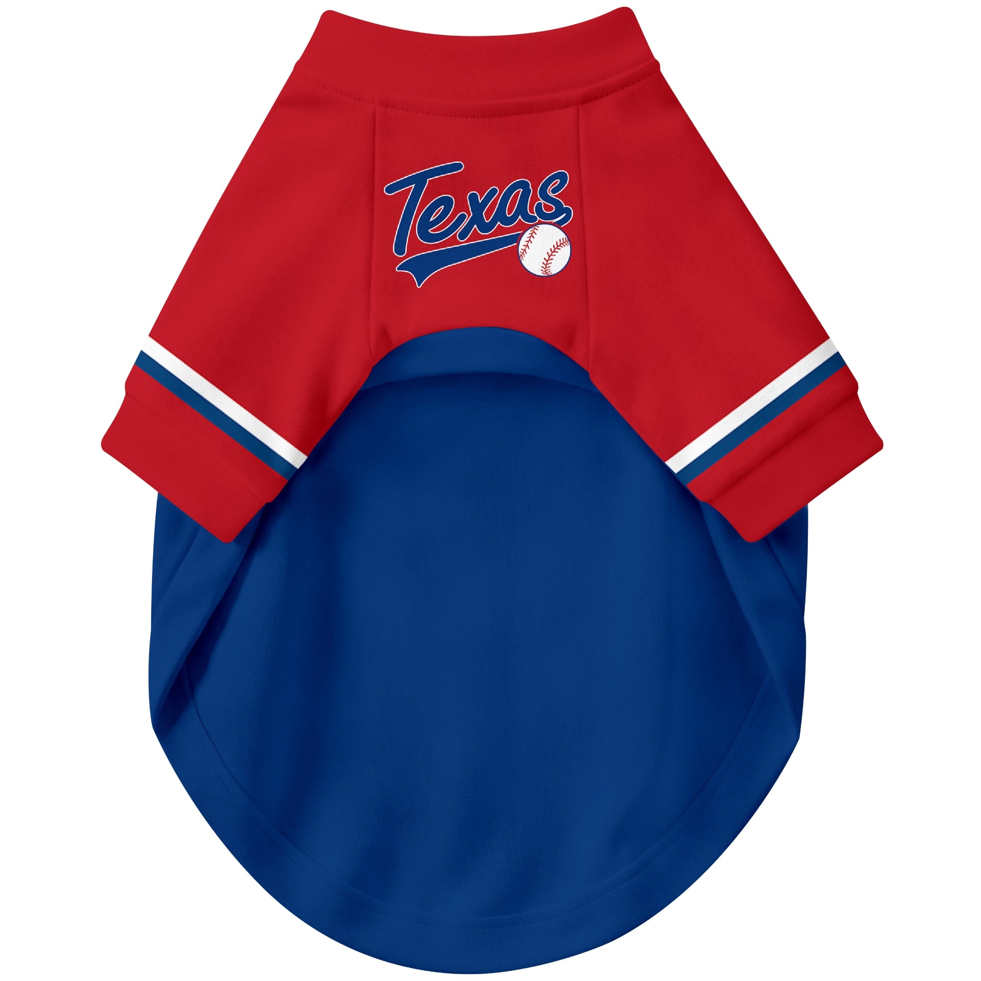 Front view of custom baseball-style dog jersey in Royal and White colors