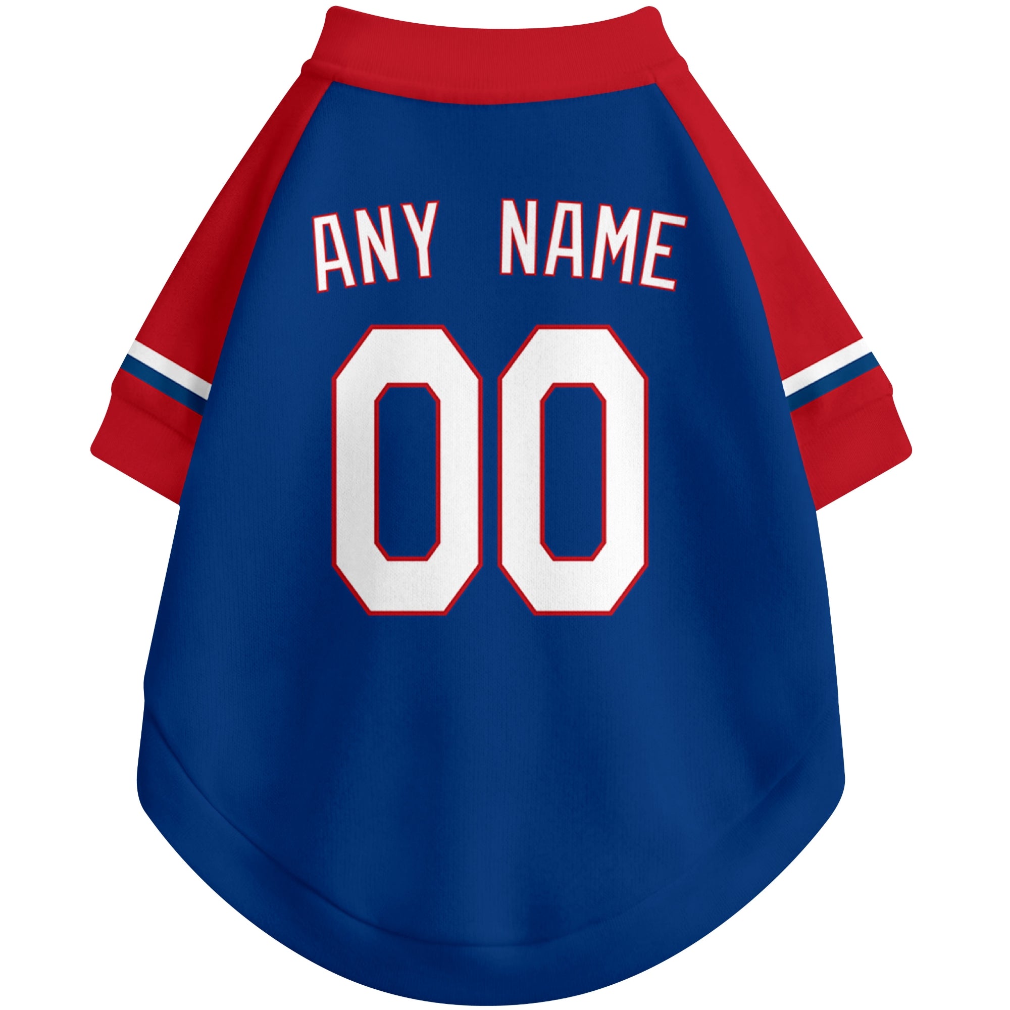 Back view of custom baseball-style dog jersey in Royal and White colors with personalized name and number