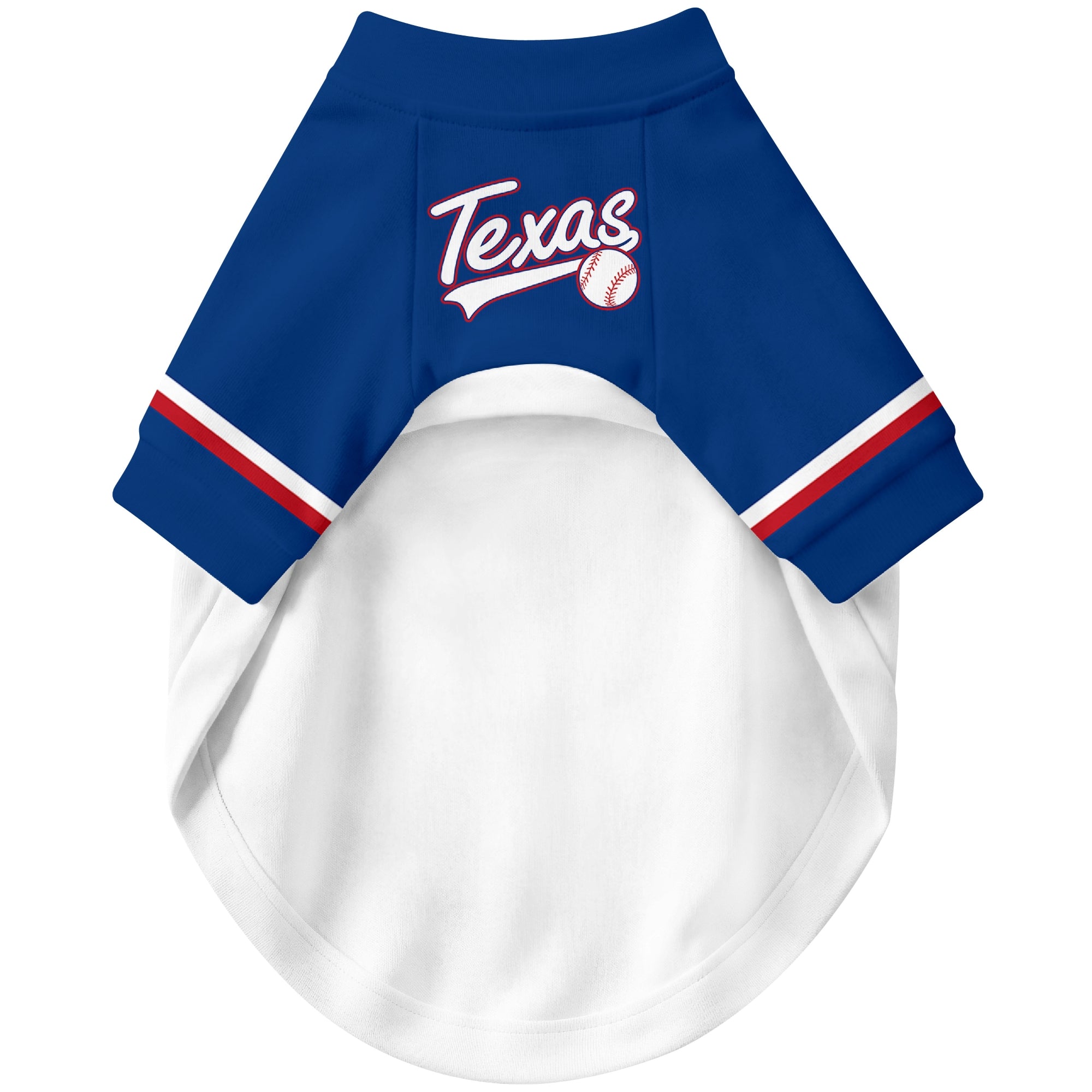 Front view of custom baseball-style dog jersey in White and Royal colors