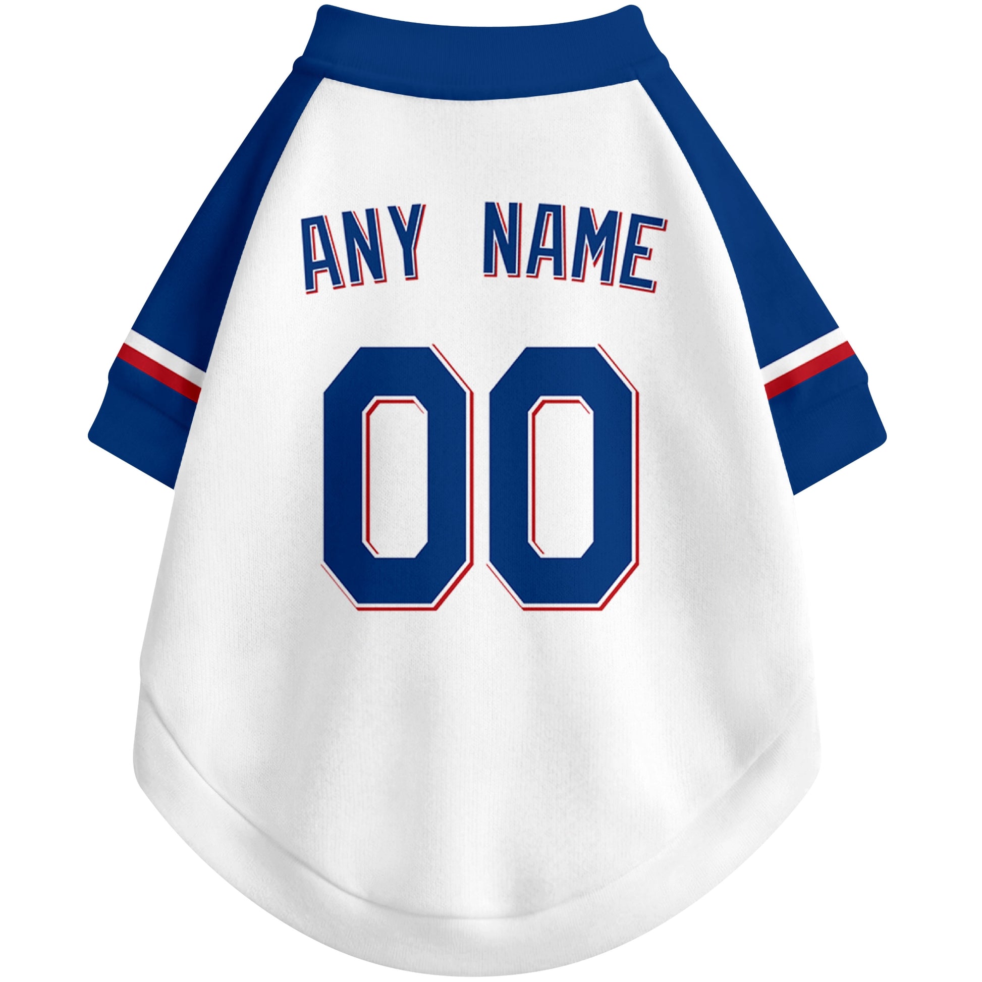 Back view of custom baseball-style dog jersey in White and Royal colors with personalized name and number